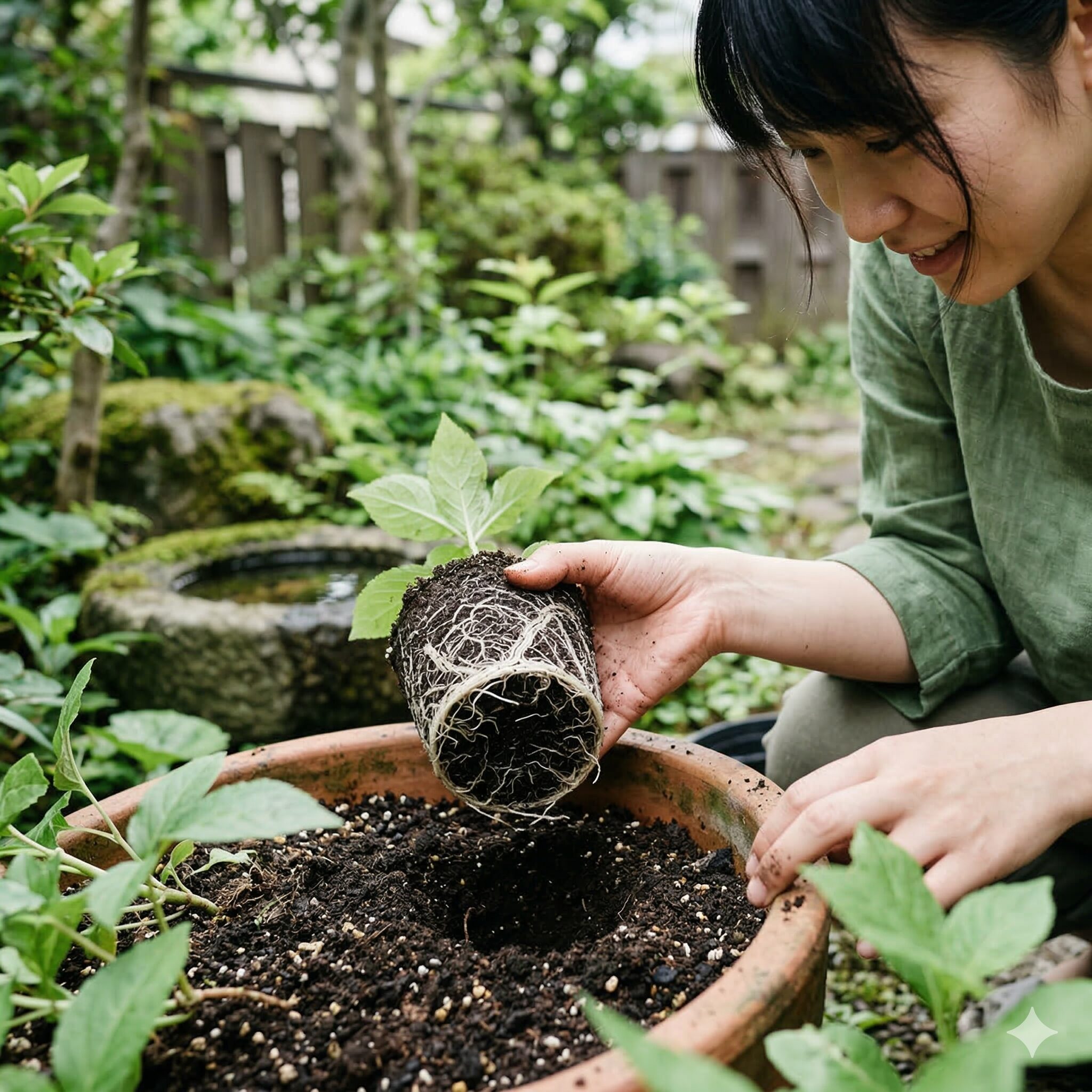 かすみ草 育て方 プランター6　直根性のかすみ草の根鉢を崩さずにプランターへ定植する様子