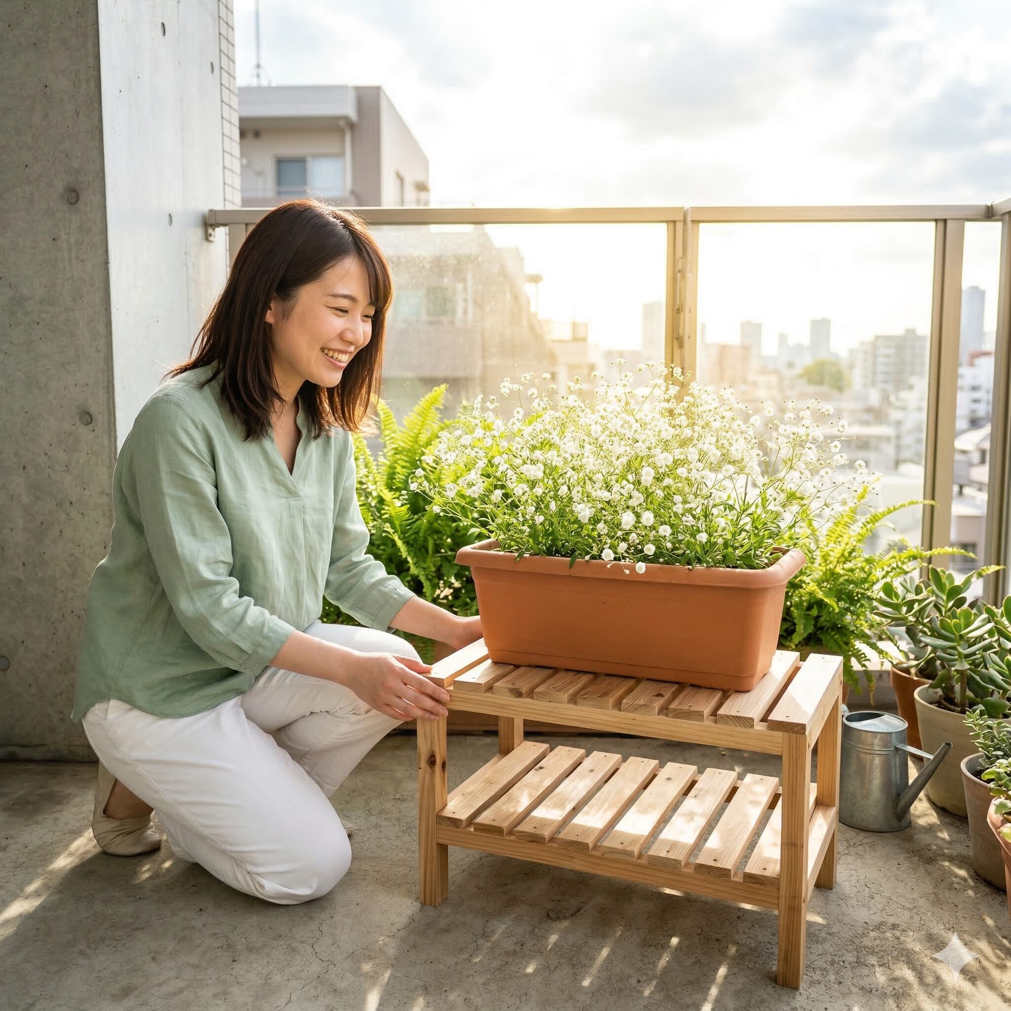 かすみ草 育て方 プランター7　地温上昇を防ぐために鉢スタンドを活用したかすみ草の配置例
