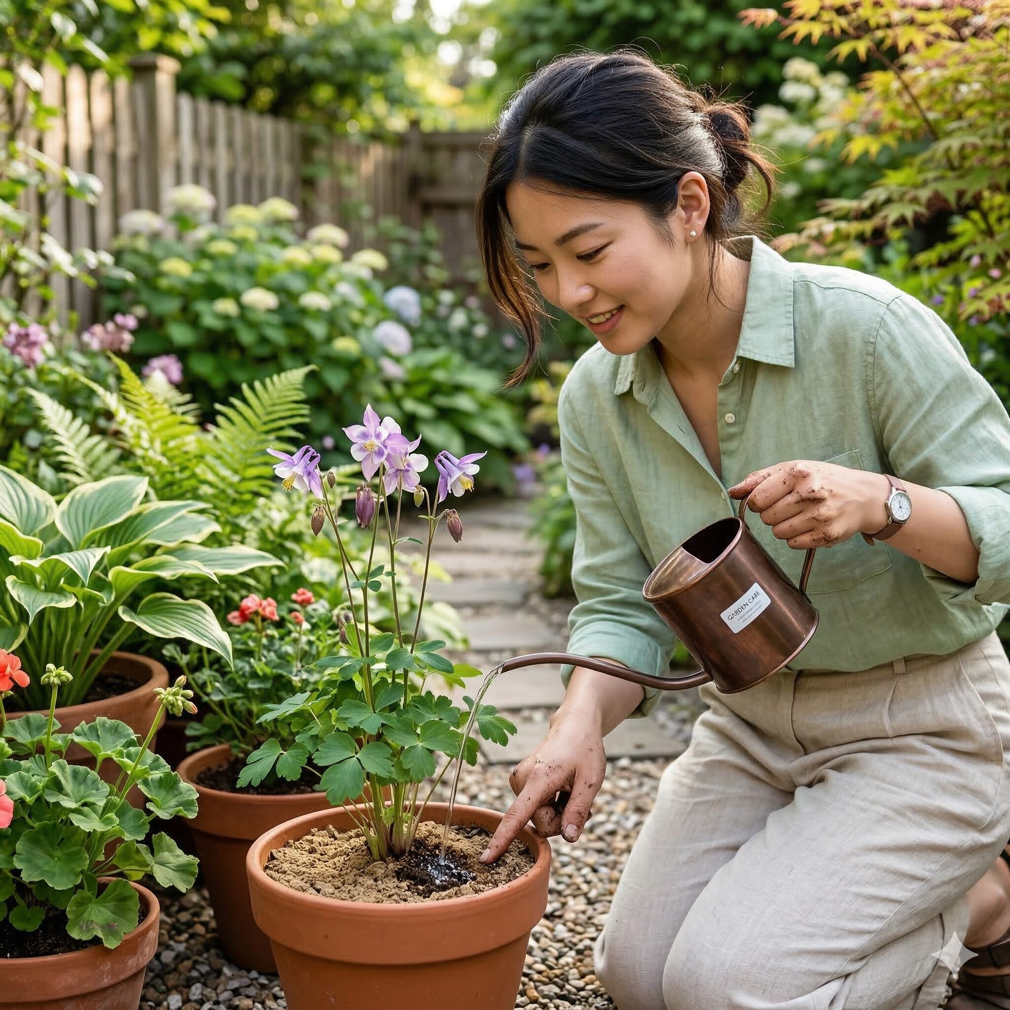 かすみ草 育て方 プランター9　土の乾燥を確認してから株元にたっぷり水やりをする様子