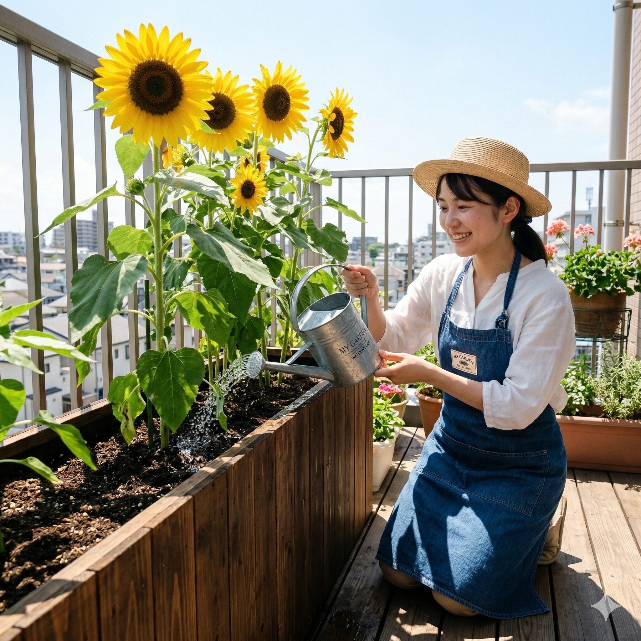 ひまわり プランター 深さ1　ベランダで深めのプランターに植えられ、太陽に向かって元気に咲くひまわりと水やりをする女性