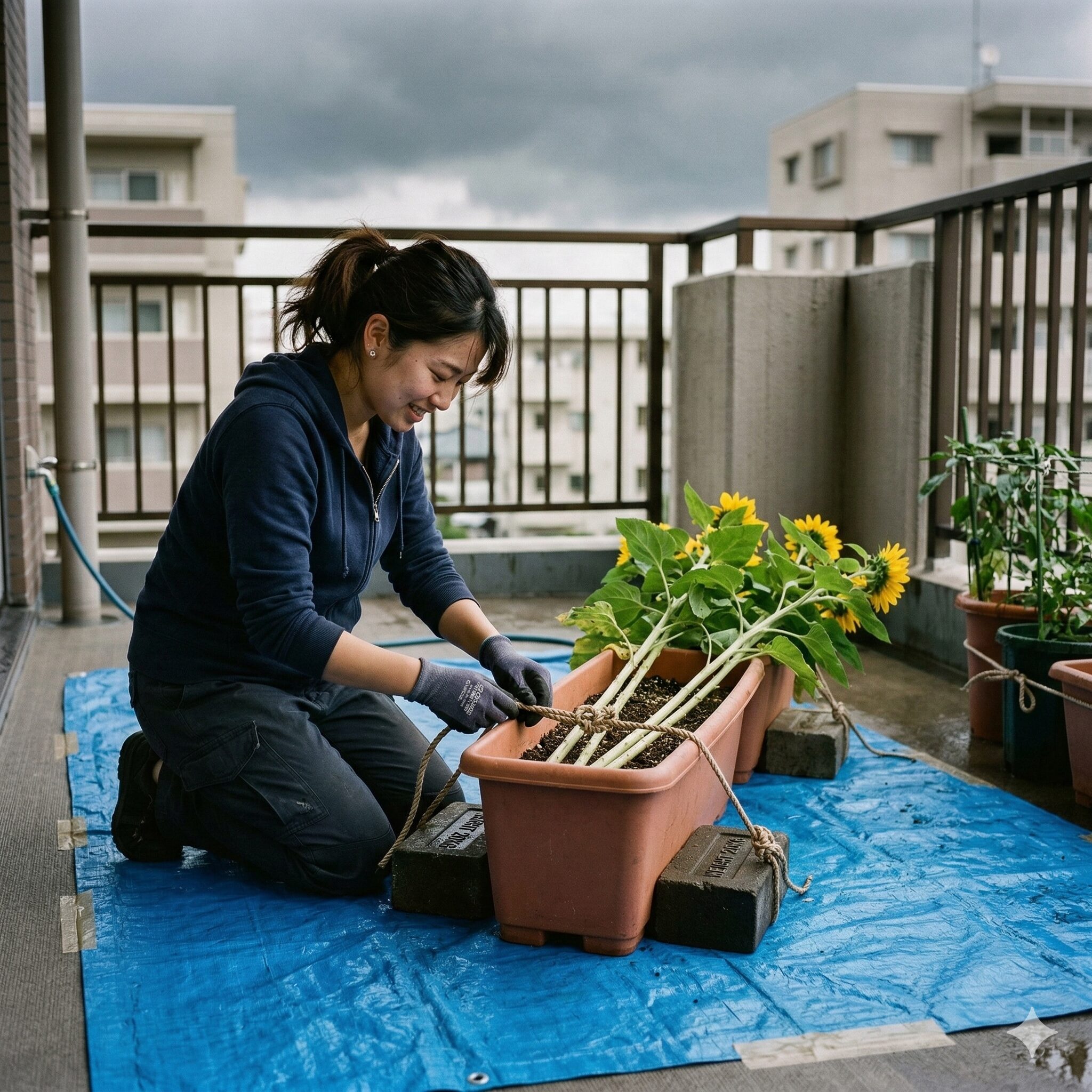 ひまわり プランター 深さ10　台風対策として、折れないようにひまわりのプランターを横倒しにする「計画的倒伏」