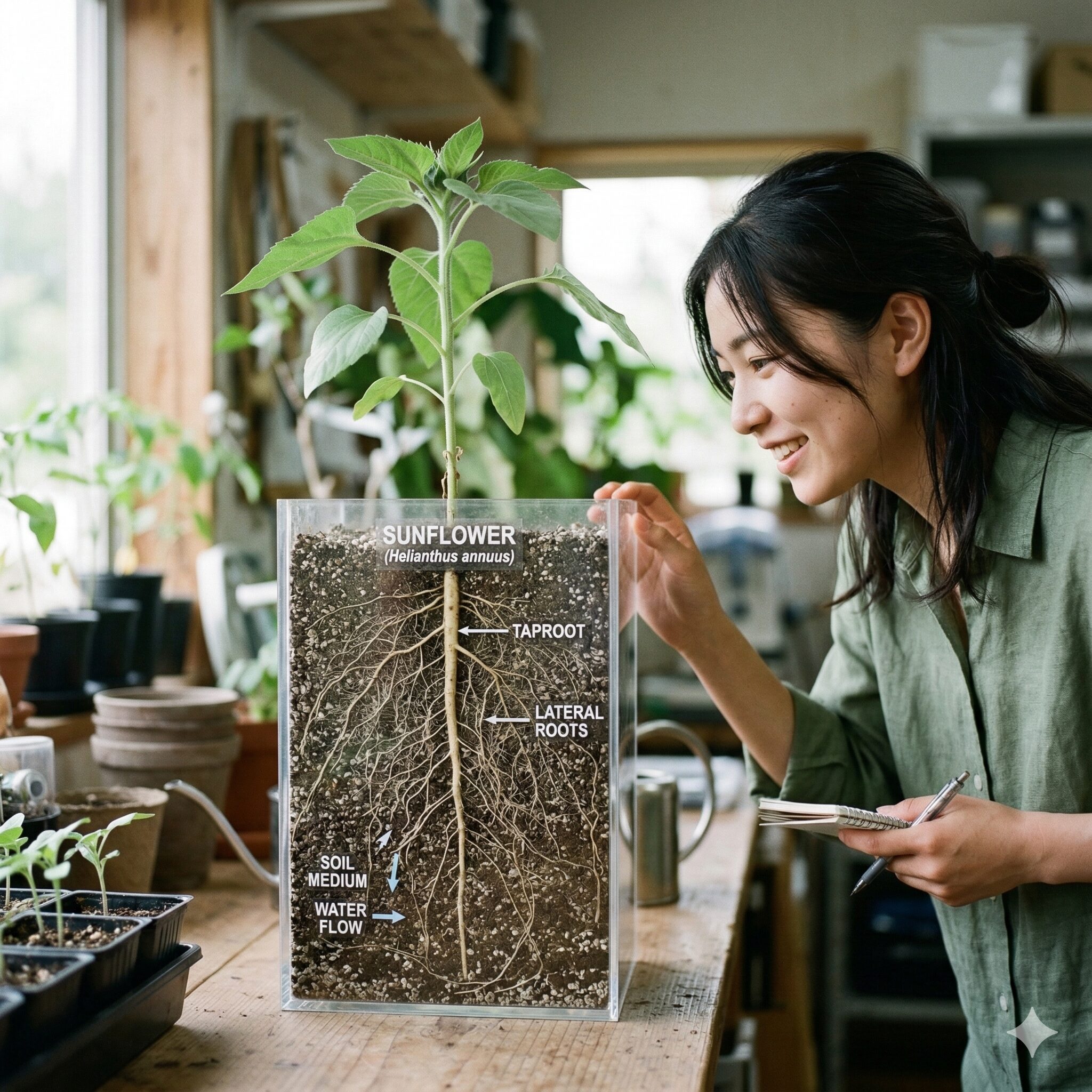 ひまわり プランター 深さ2　ひまわり特有の直根性の根系。太い主根が垂直に深く伸びている様子