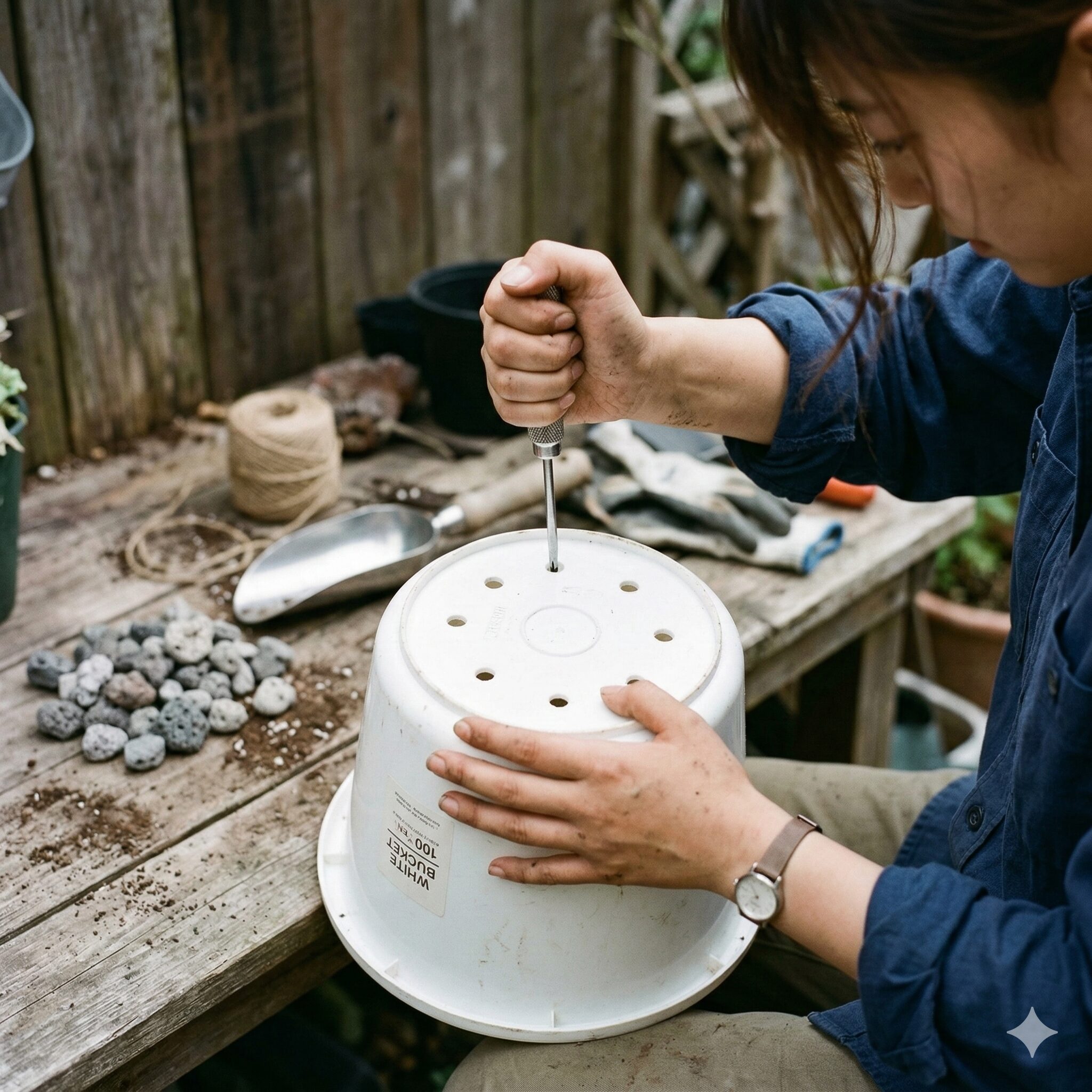 ひまわり プランター 深さ4　100均のバケツをプランターにするため、底に排水穴を開ける加工手順