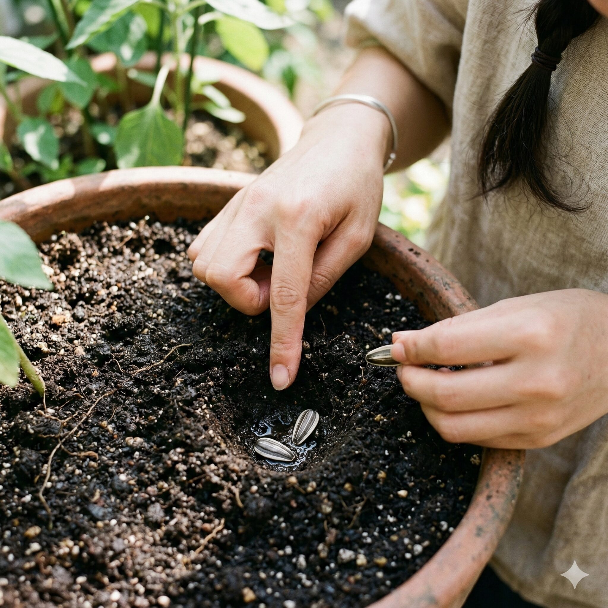 ひまわり プランター 深さ6　ひまわりの種まきの様子。適切な深さと間隔で種を置く手元写真