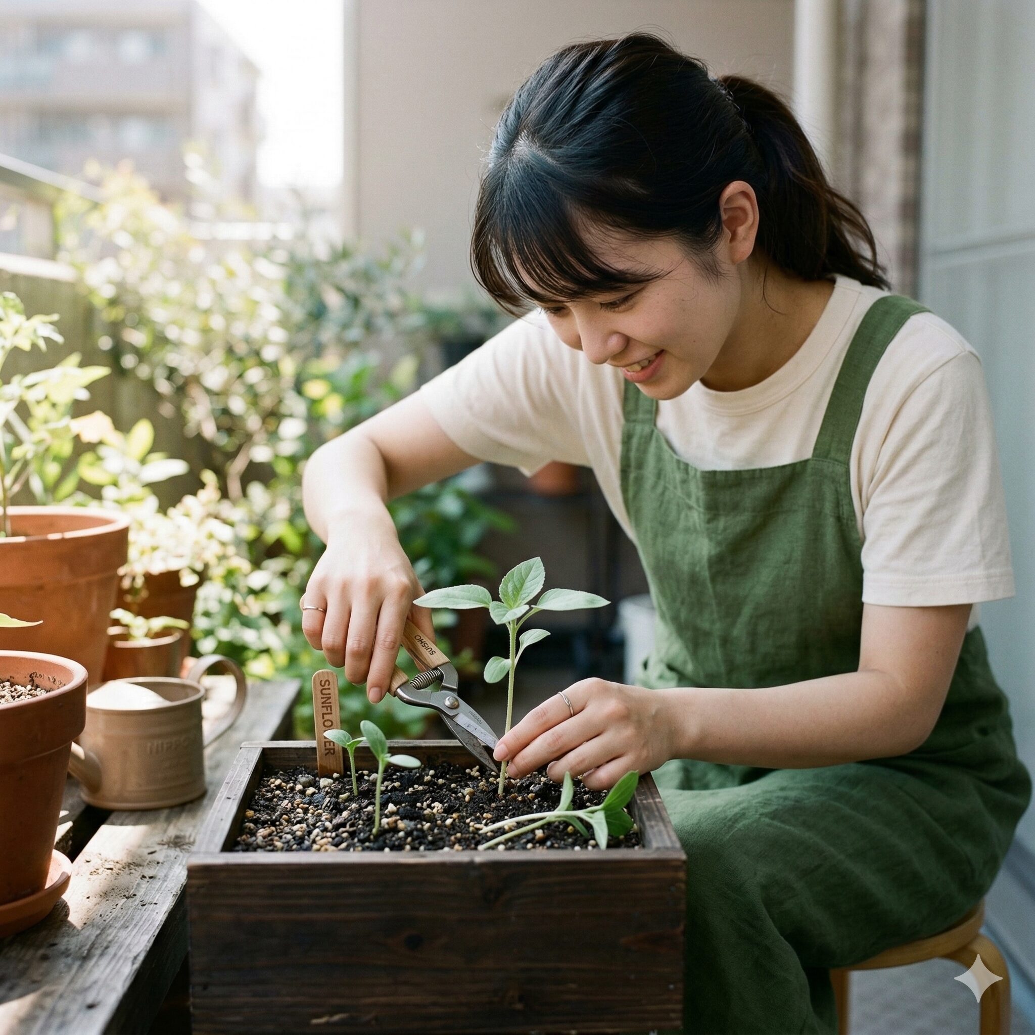 ひまわり プランター 深さ7　ひまわりの苗を一本立ちにするため、ハサミで行う正しい間引きの作業