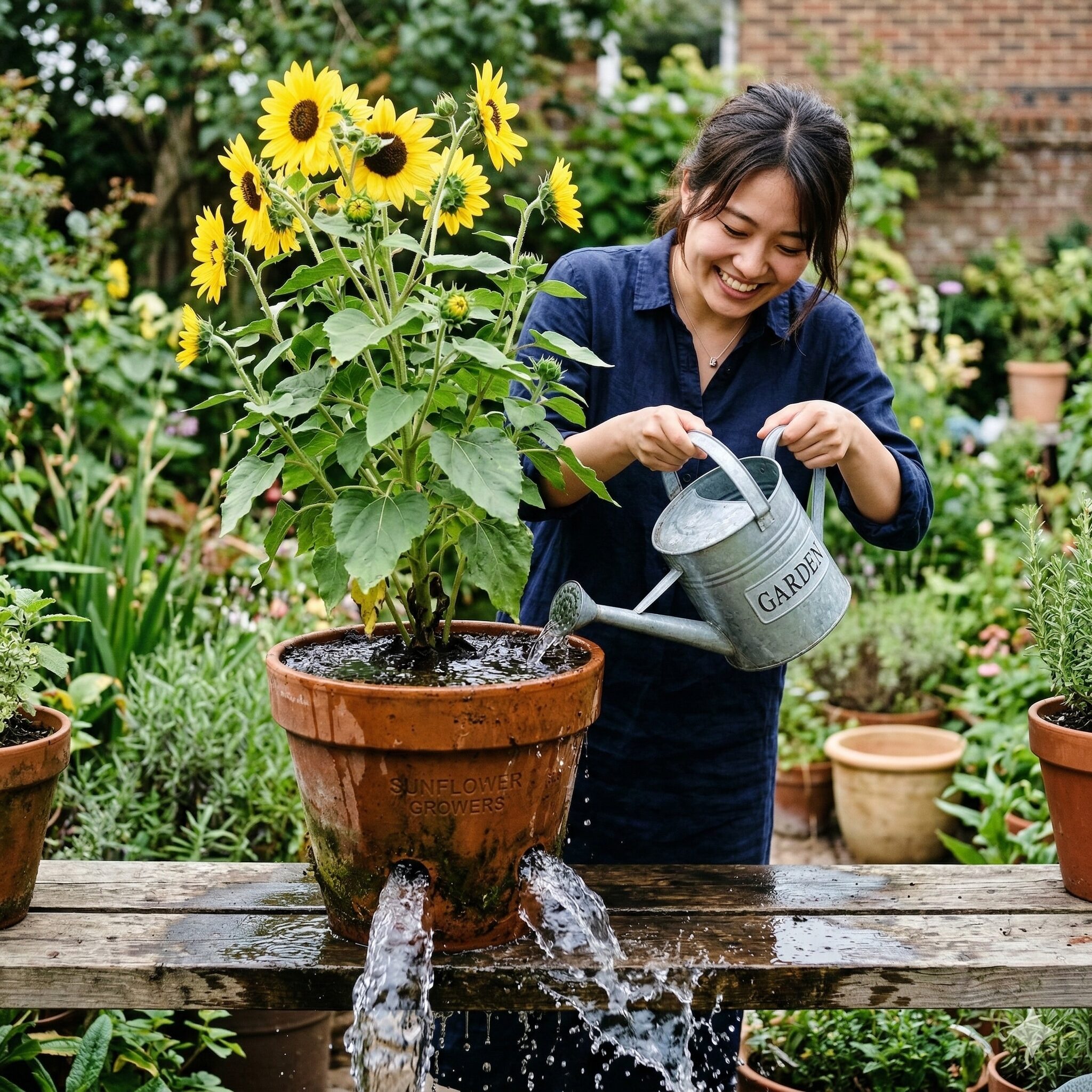 ひまわり プランター 深さ8　深型プランターの底から水が出るまでたっぷり水やりをする様子