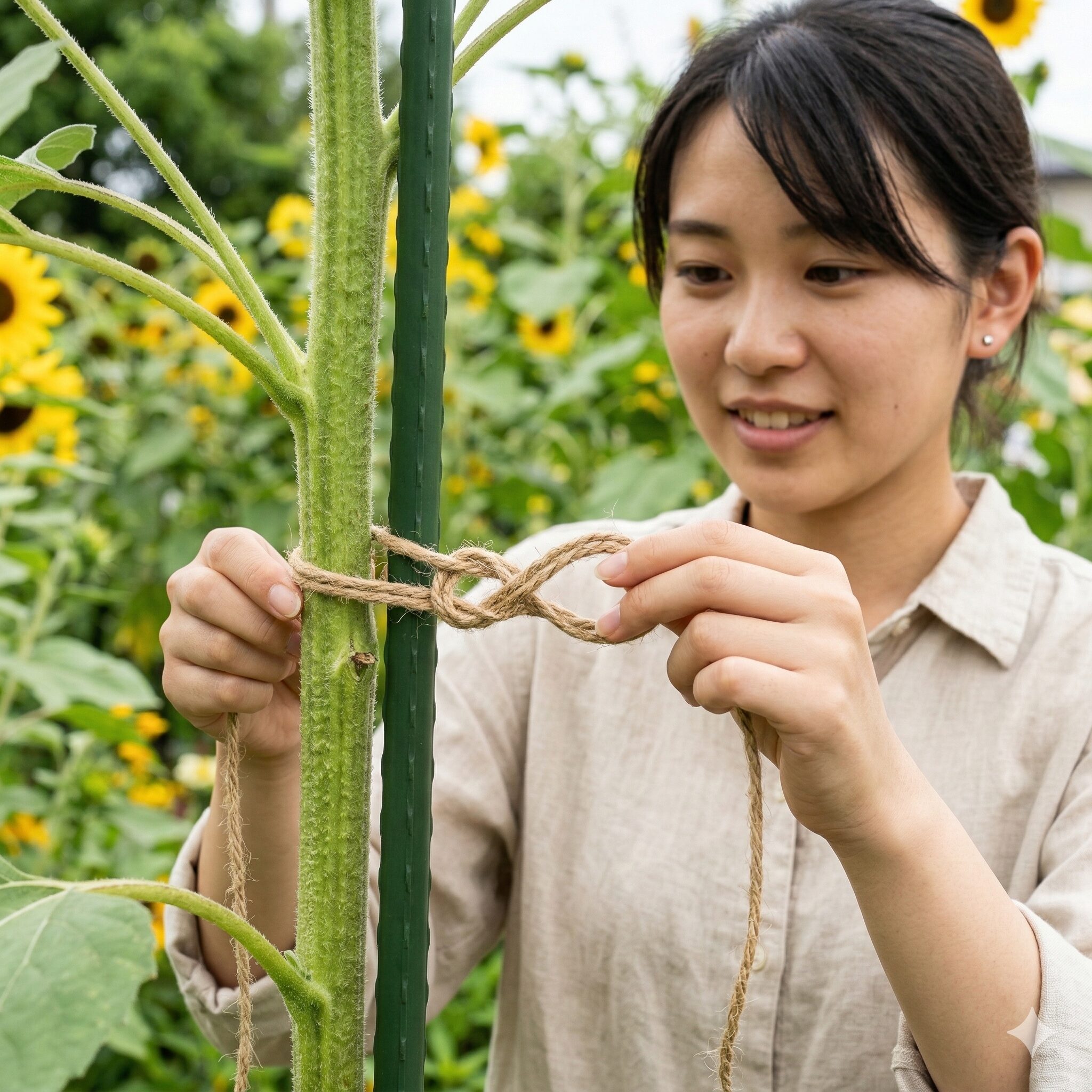 ひまわり プランター 深さ9　ひまわりの茎を支柱に固定する、植物に優しい麻紐の8の字結び