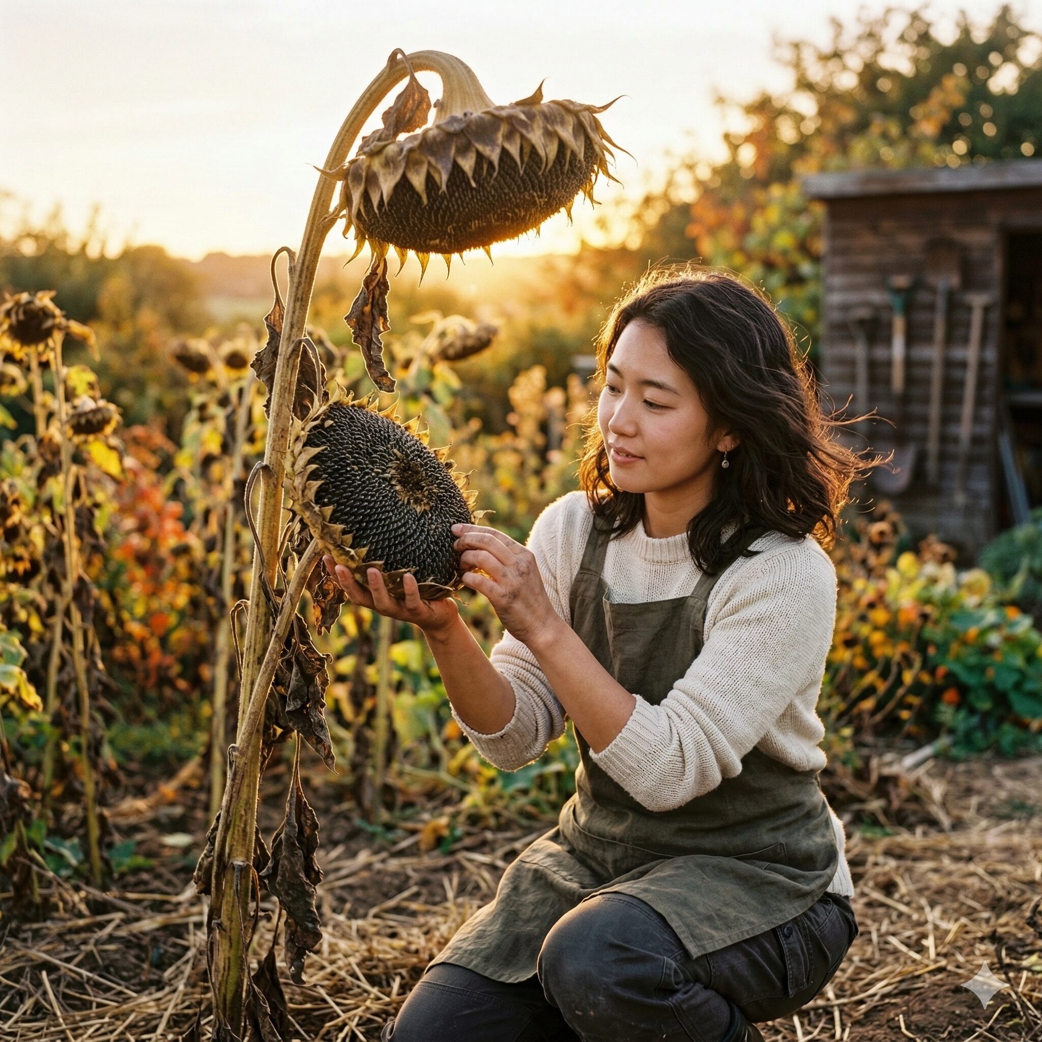 ひまわり 枯れたあと1　枯れて頭を垂れたひまわりと、種の状態を確認するガーデナーの手元。記事のメインイメージ。
