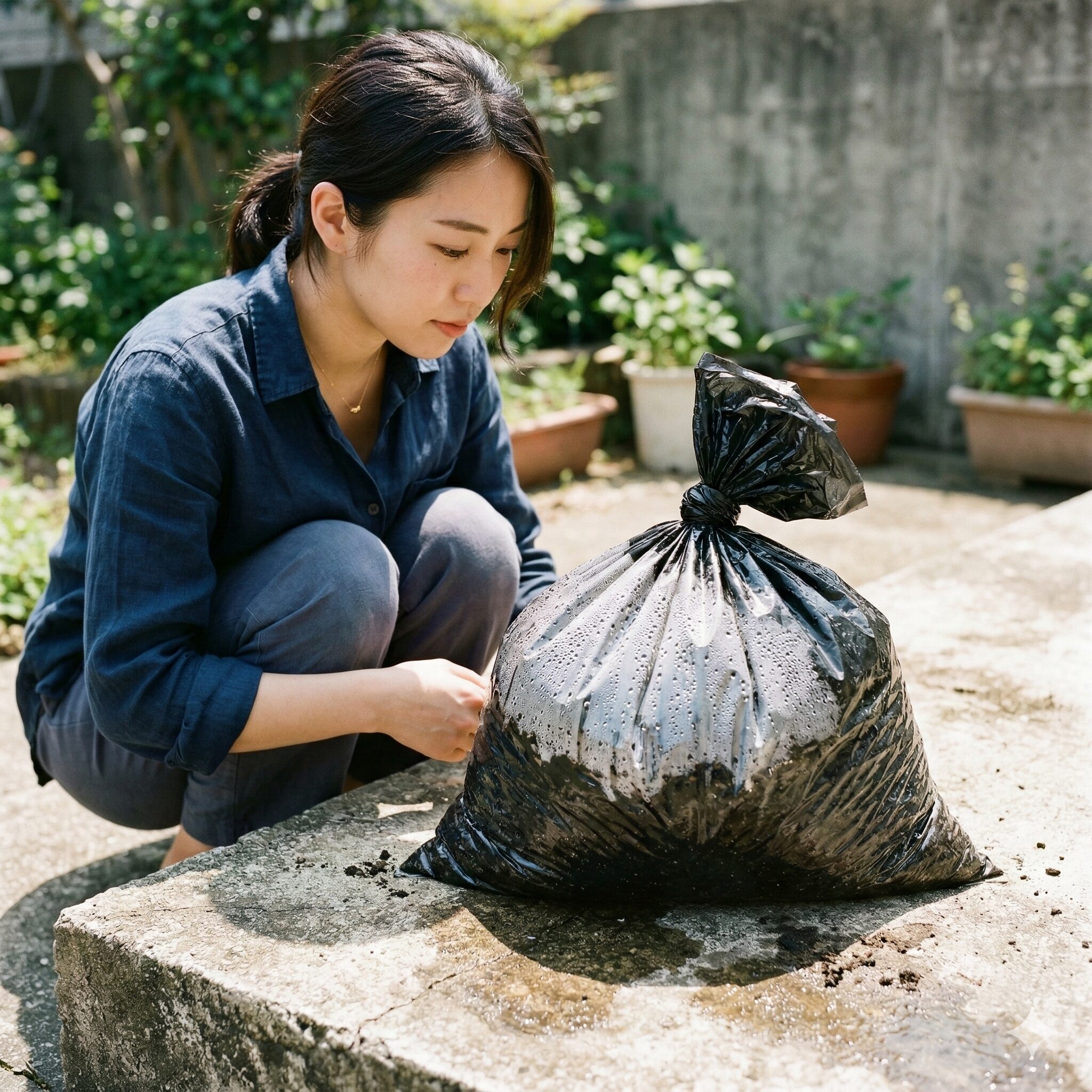 ひまわり 枯れたあと10　夏の太陽光を利用して黒いビニール袋で土を蒸し焼きにする太陽熱消毒。