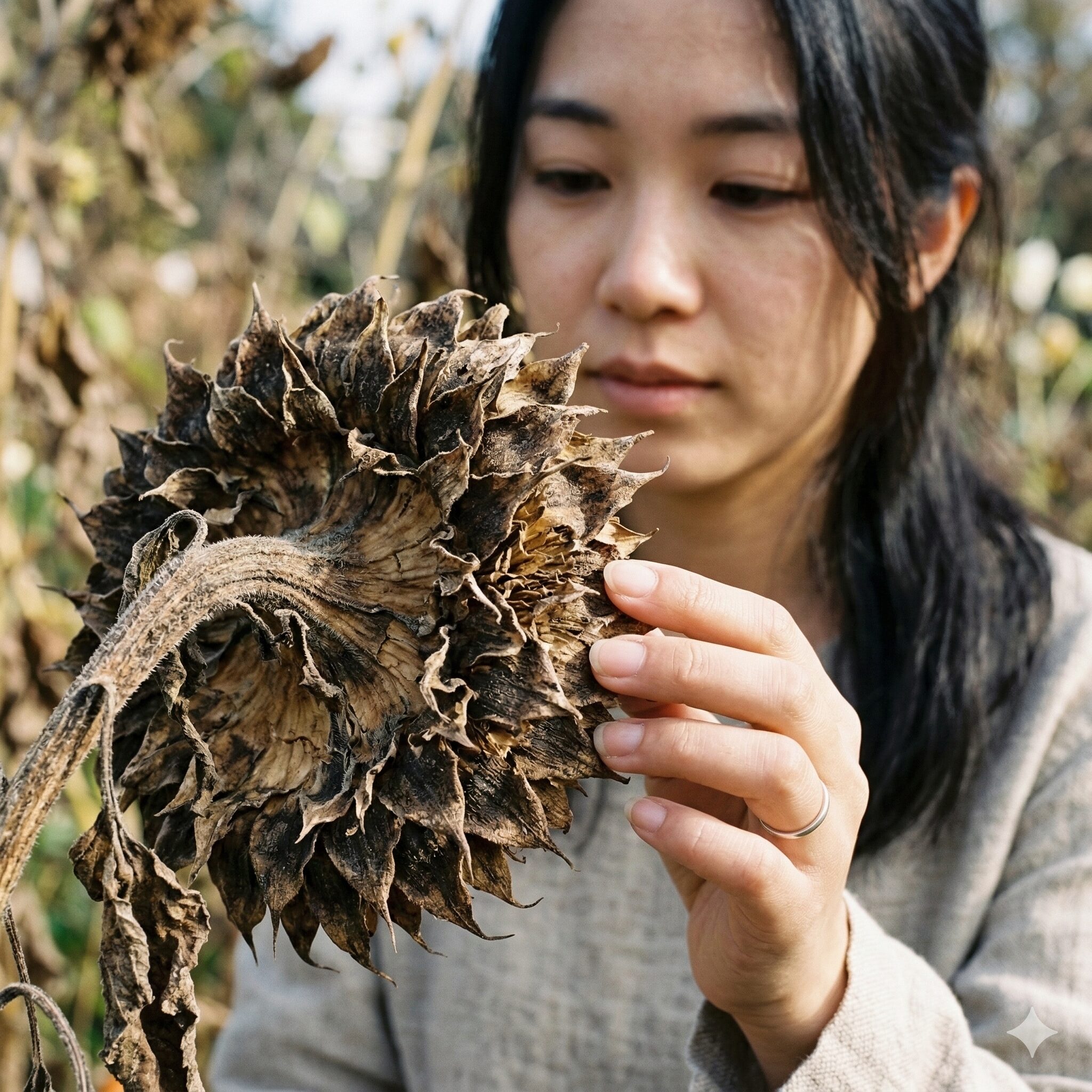 ひまわり 枯れたあと3　収穫のサインである、茶色くカサカサに乾いたひまわりのガク（総苞）のアップ。