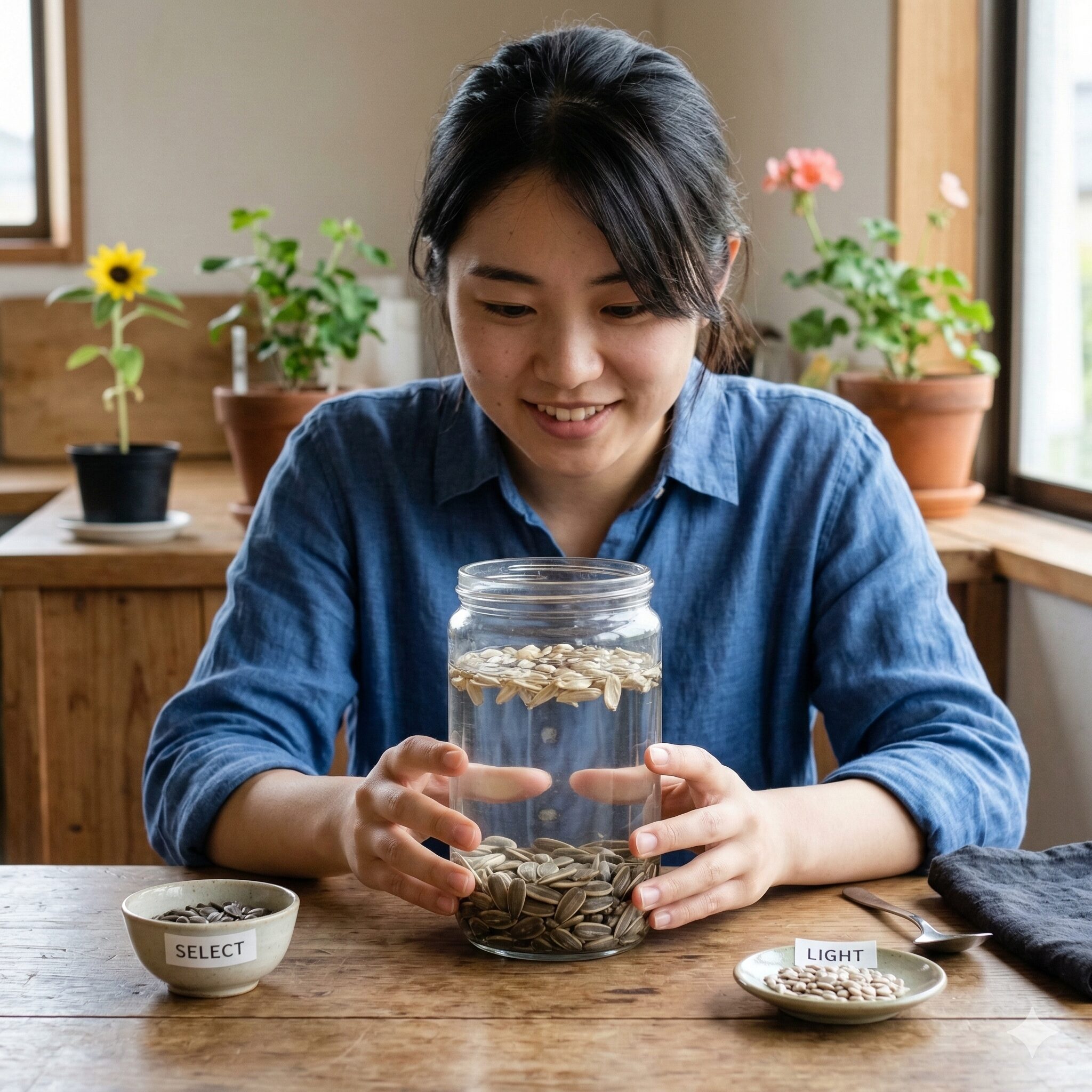 ひまわり 枯れたあと4　水選法で選別されるひまわりの種。沈んだ良い種と浮いた「しいな」の比較。
