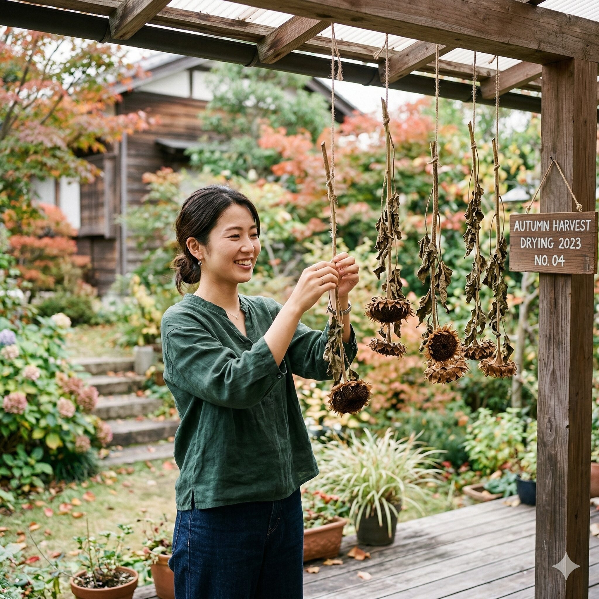ひまわり 枯れたあと5　カビを防ぐために軒下に逆さまに吊るして乾燥させているひまわりの花。