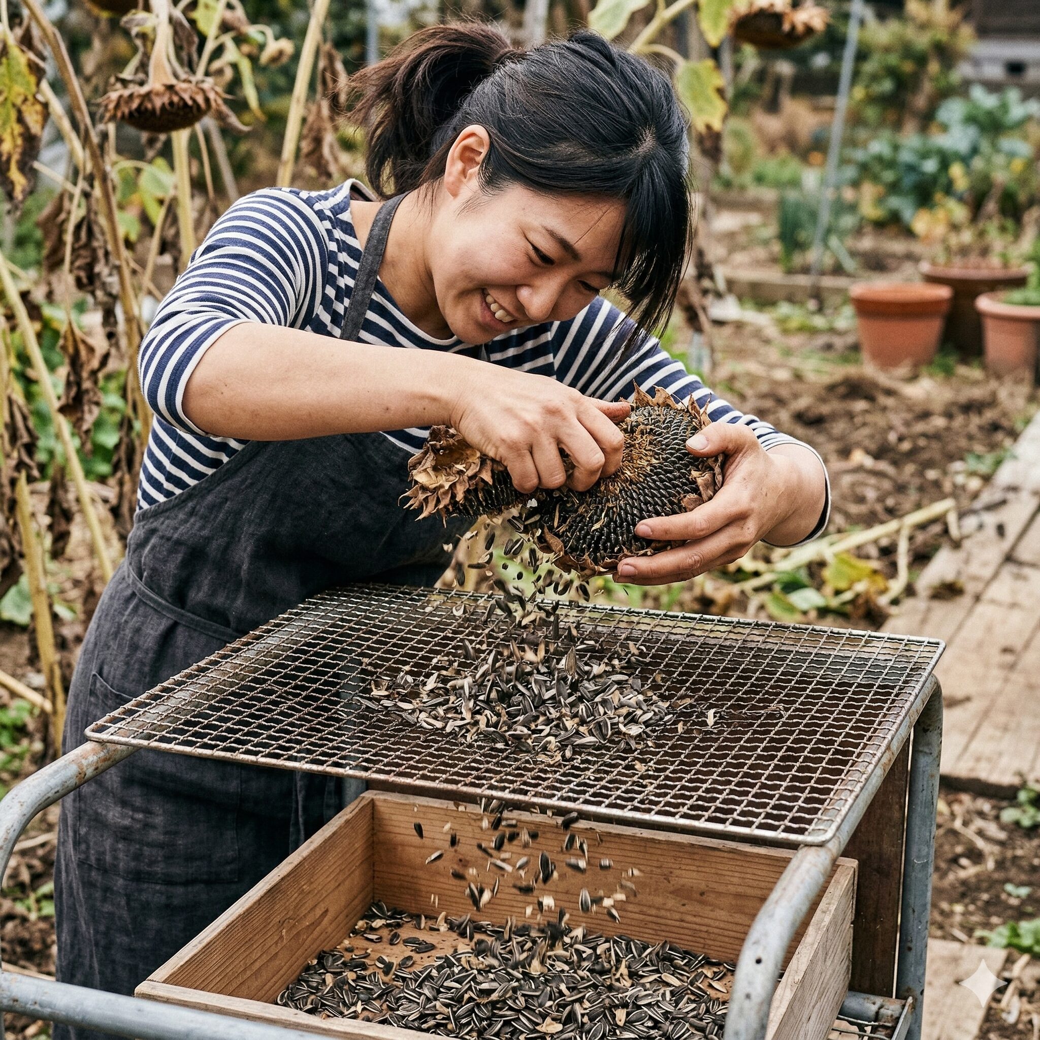 ひまわり 枯れたあと6　魚焼き網を使って効率よくひまわりの種を外す脱穀作業の様子。