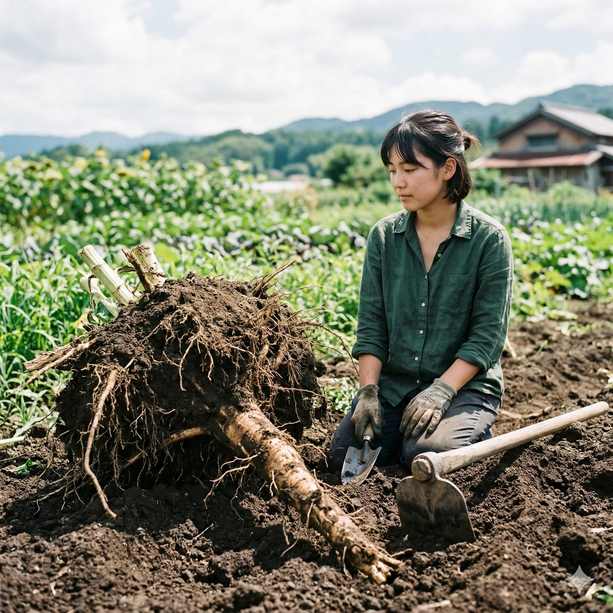 ひまわり 枯れたあと7　抜き取られたひまわりの大きな根株と、土壌再生に使うクワ。
