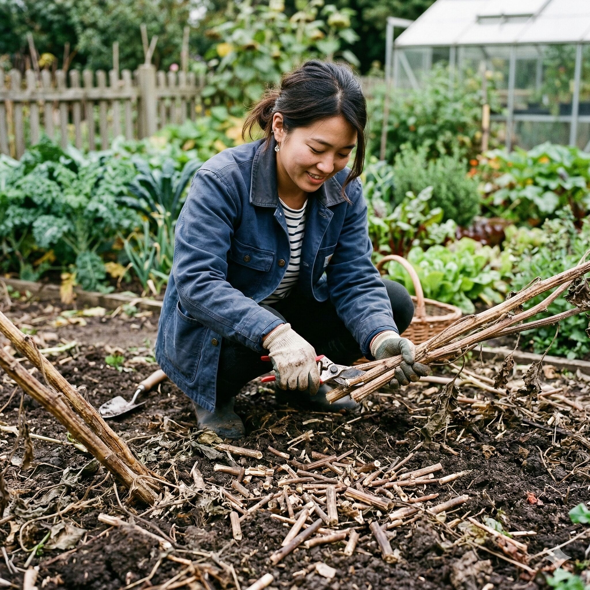 ひまわり 枯れたあと8　緑肥にするために剪定ばさみで細かく刻まれているひまわりの茎。