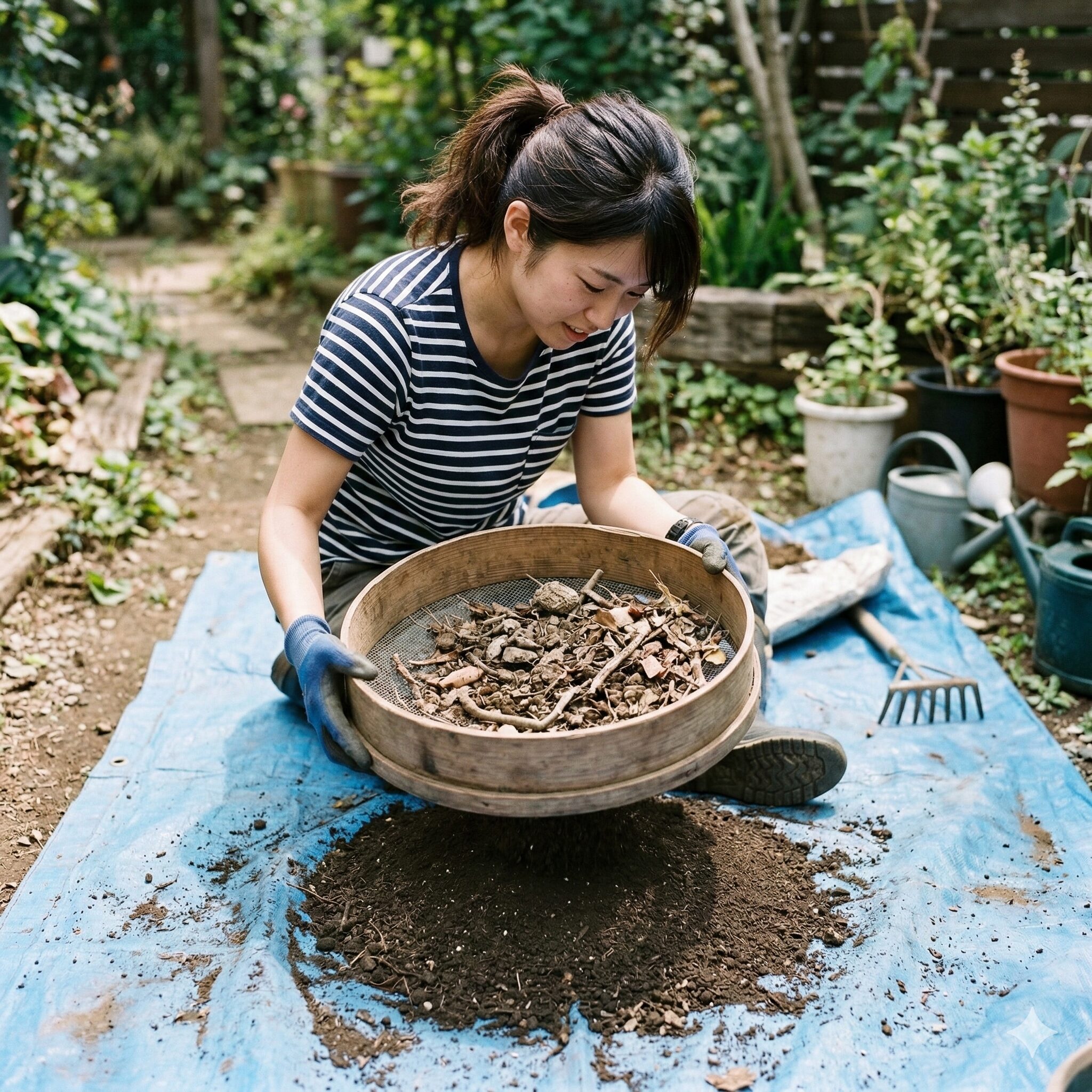 ひまわり 枯れたあと9　園芸用ふるいを使って古い土から根や不純物を取り除く土壌リサイクル作業。