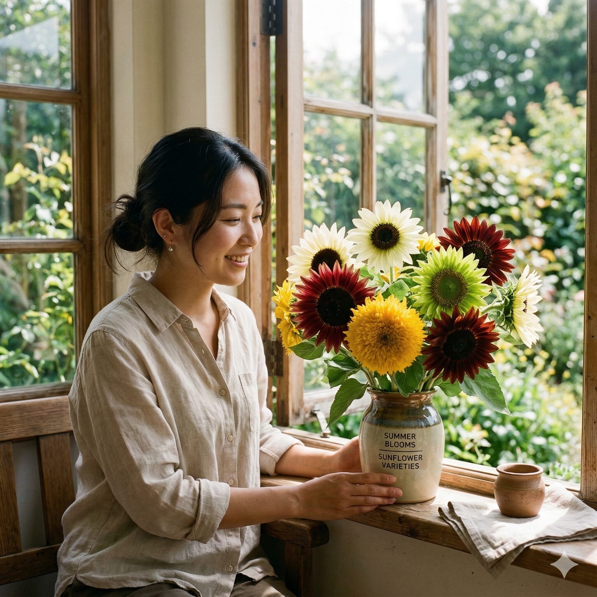 ひまわり 珍しい種類1　異なる色のひまわり（白、赤、黄色、八重咲き、ガク鑑賞型）を花瓶に活けた、夏の朝の窓辺のアイキャッチ画像