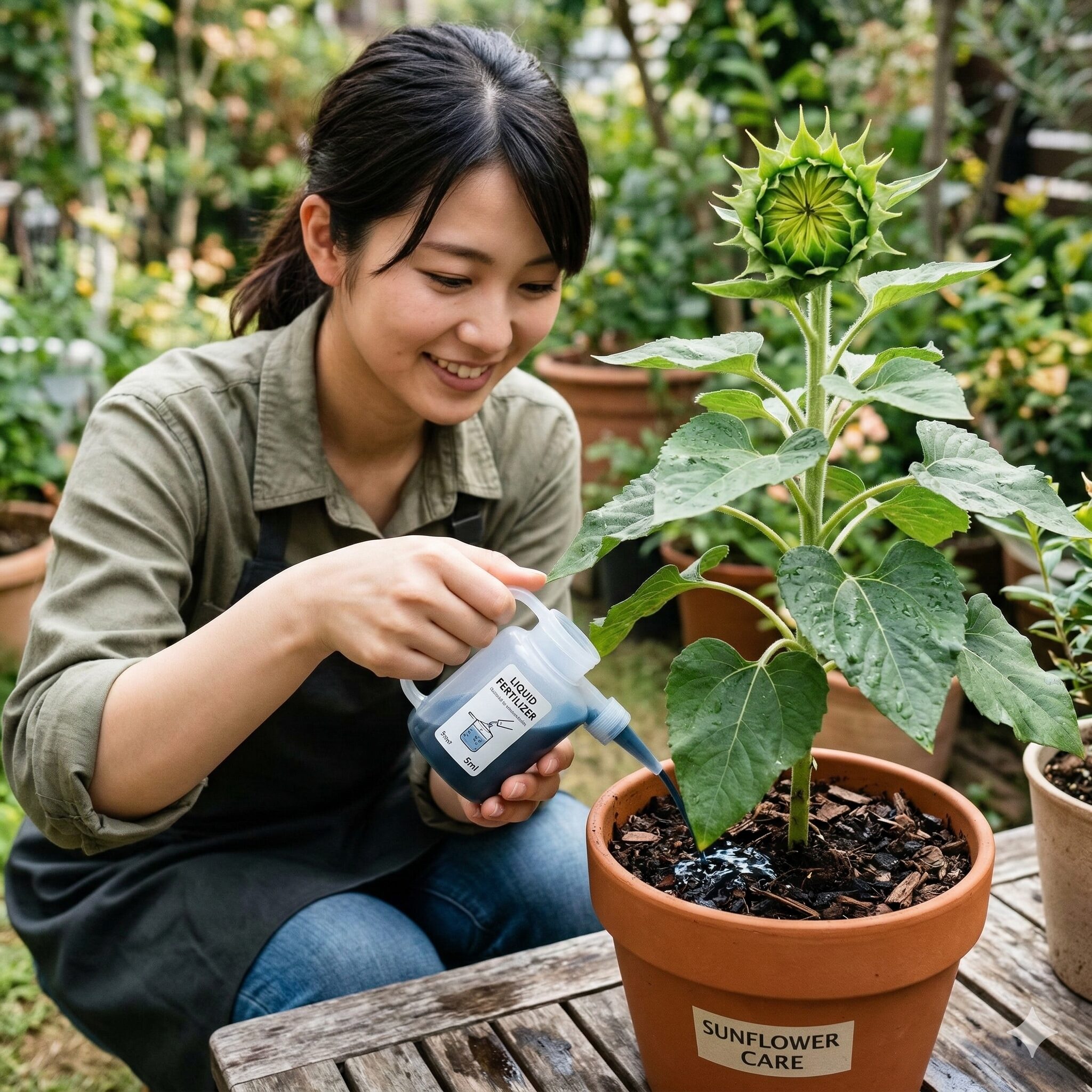 ひまわり 珍しい種類10　ひまわりの蕾ができた時期に、下の葉を枯らさないための液体肥料を与える栽培作業の様子