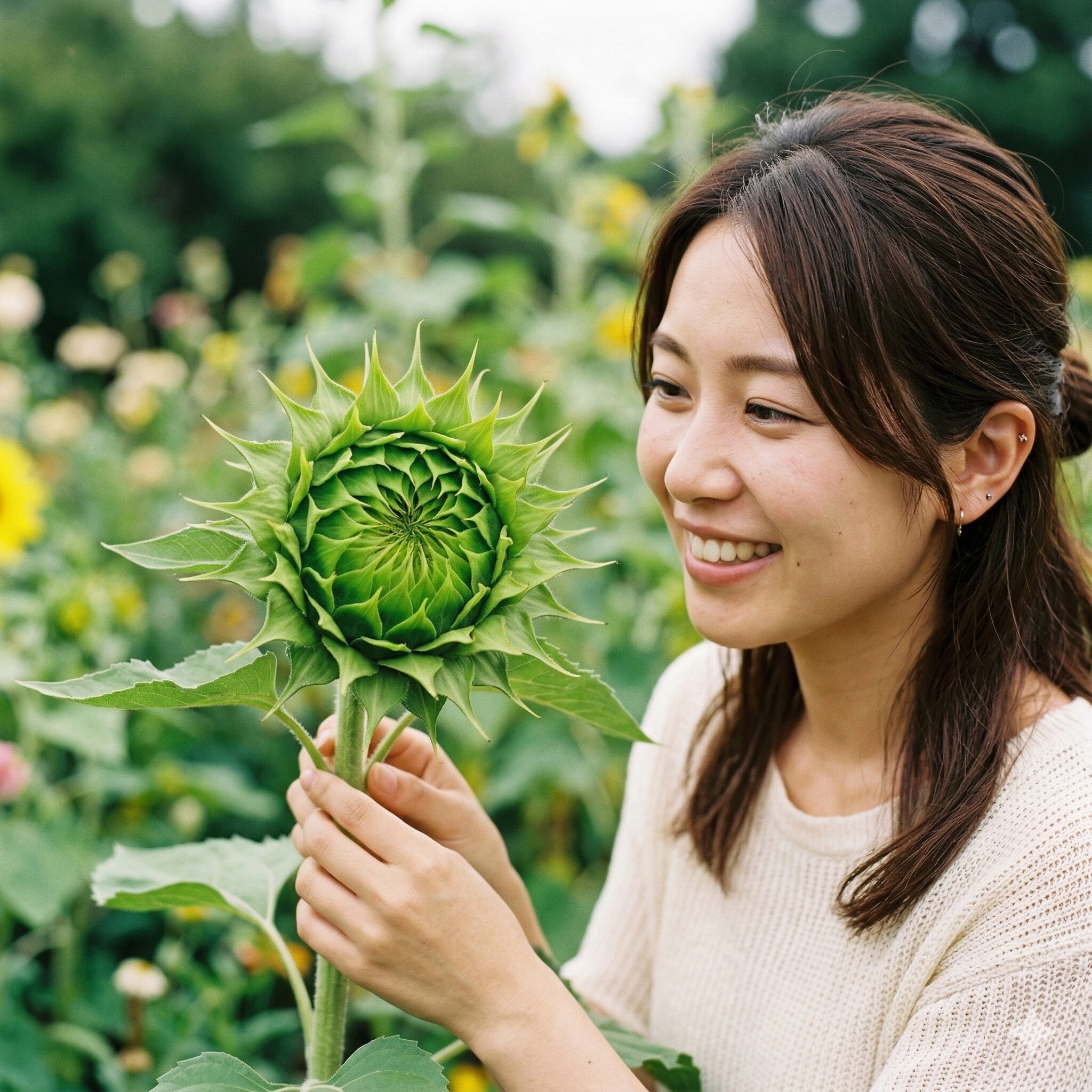 ひまわり 珍しい種類2　花びらがなく、緑色のガクがバラの蕾のように重なり合ったサンフィルグリーンひまわりのクローズアップ