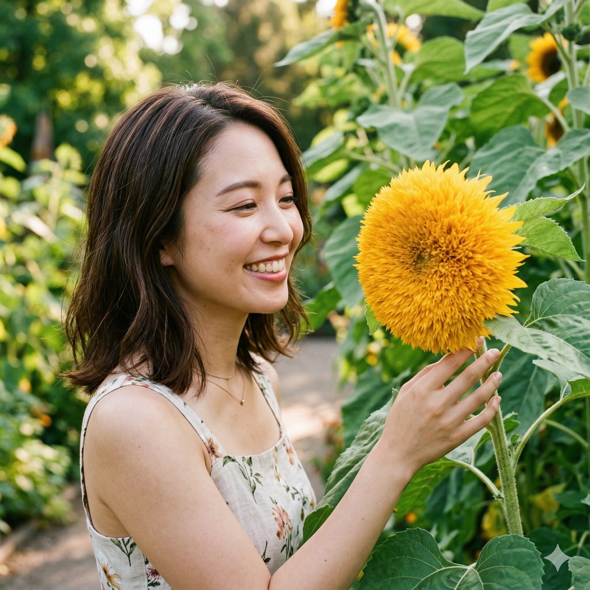 ひまわり 珍しい種類3　黄金色の細かい花弁が密集し、モコモコしたぬいぐるみのような質感のテディベアひまわり