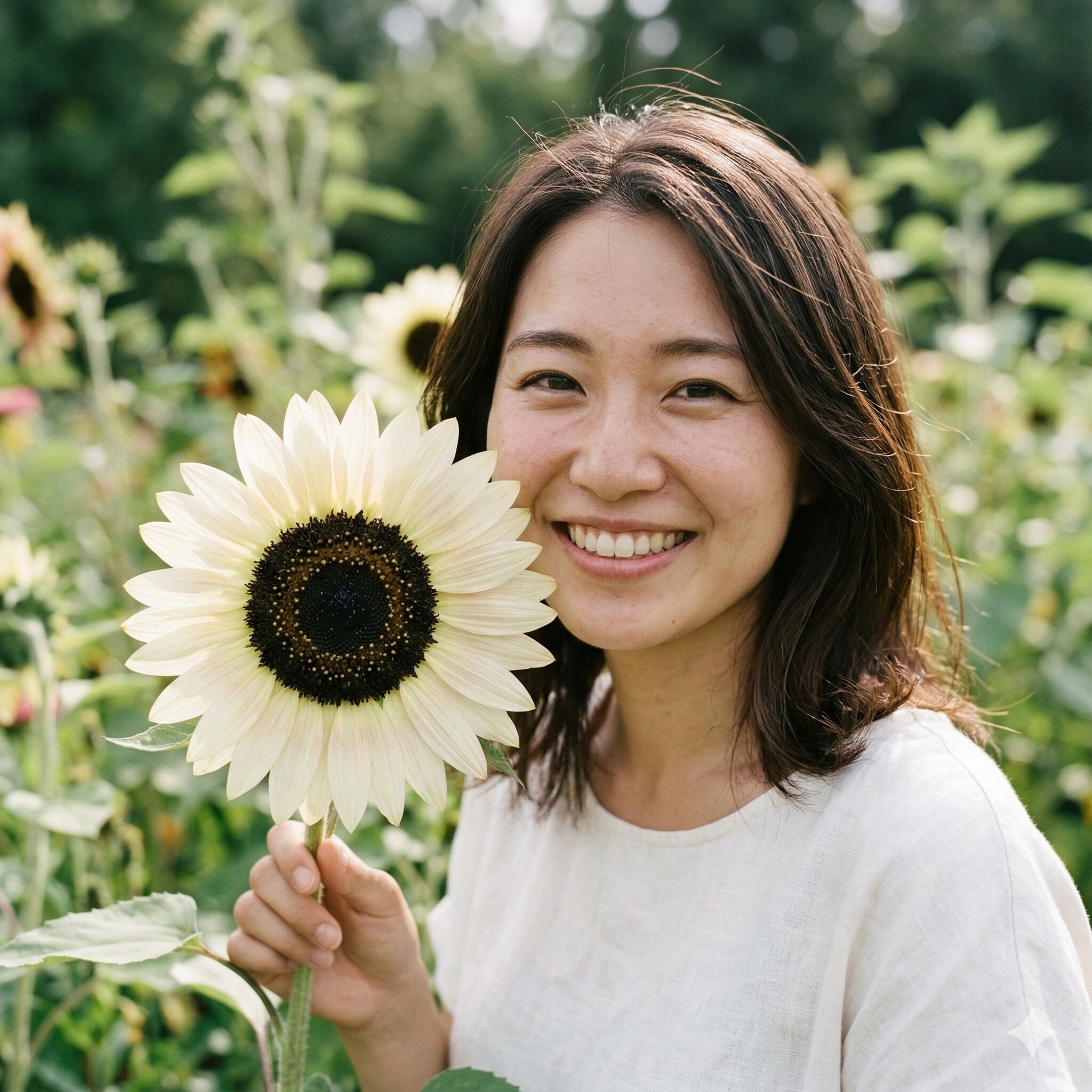 ひまわり 珍しい種類4　クリームホワイトの花弁と中心の黒い瞳のコントラストが美しいホワイトナイトひまわりの自然光写真