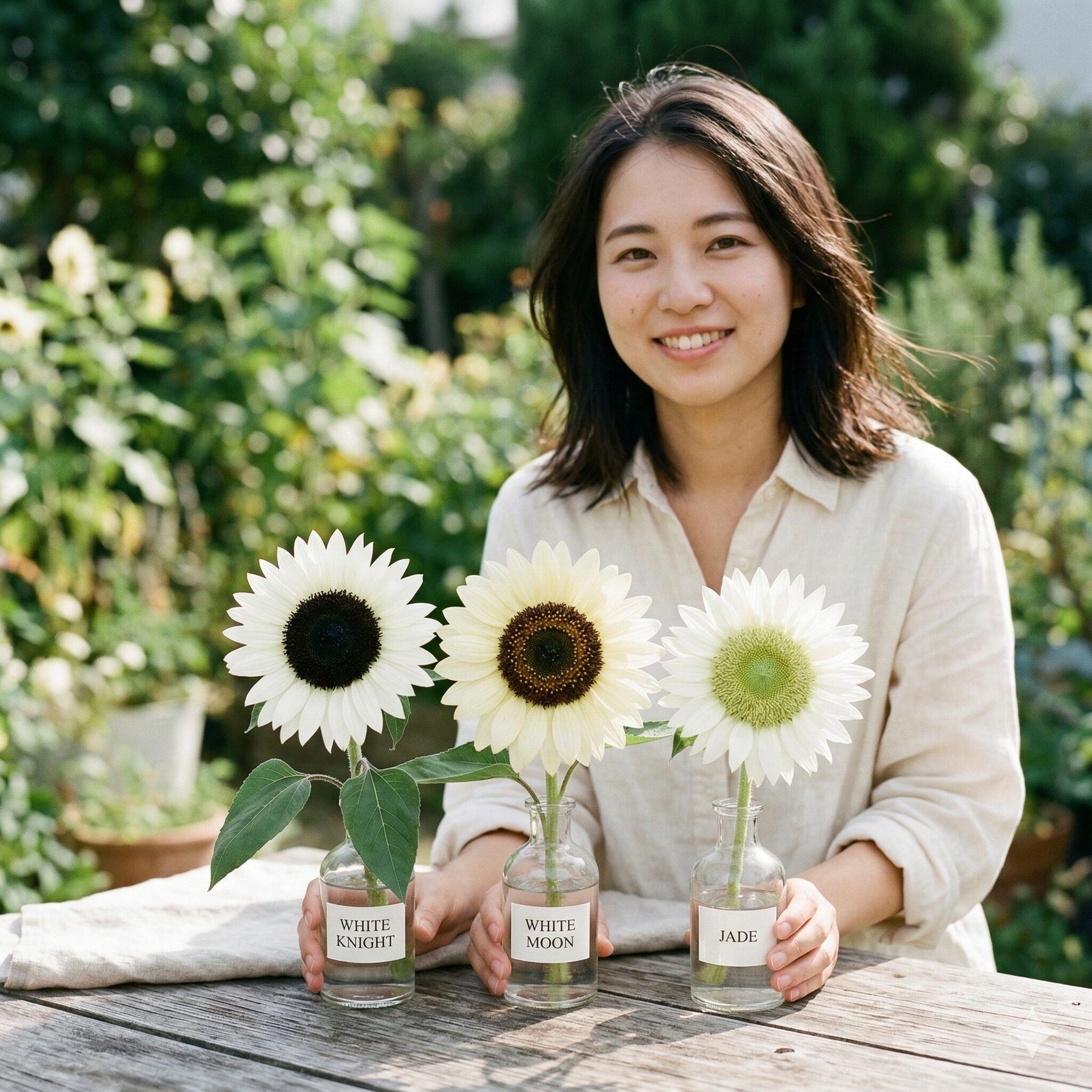 ひまわり 珍しい種類5　ホワイトナイト、ホワイトムーン、ジェイドの3品種の白いひまわりの花を並べて比較した写真