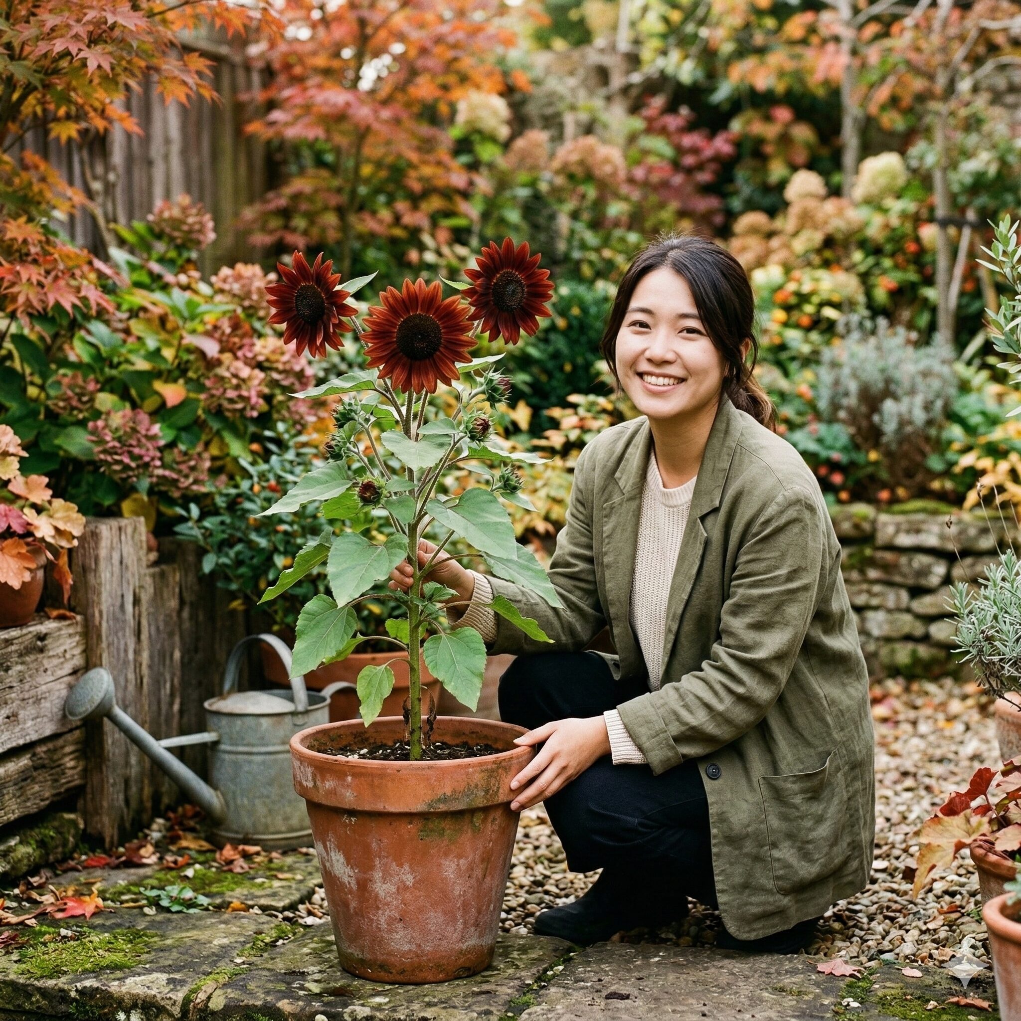 ひまわり 珍しい種類7　アンティークなテラコッタ鉢に植えられた、シックな赤茶色のクラレットひまわりの鉢植え写真