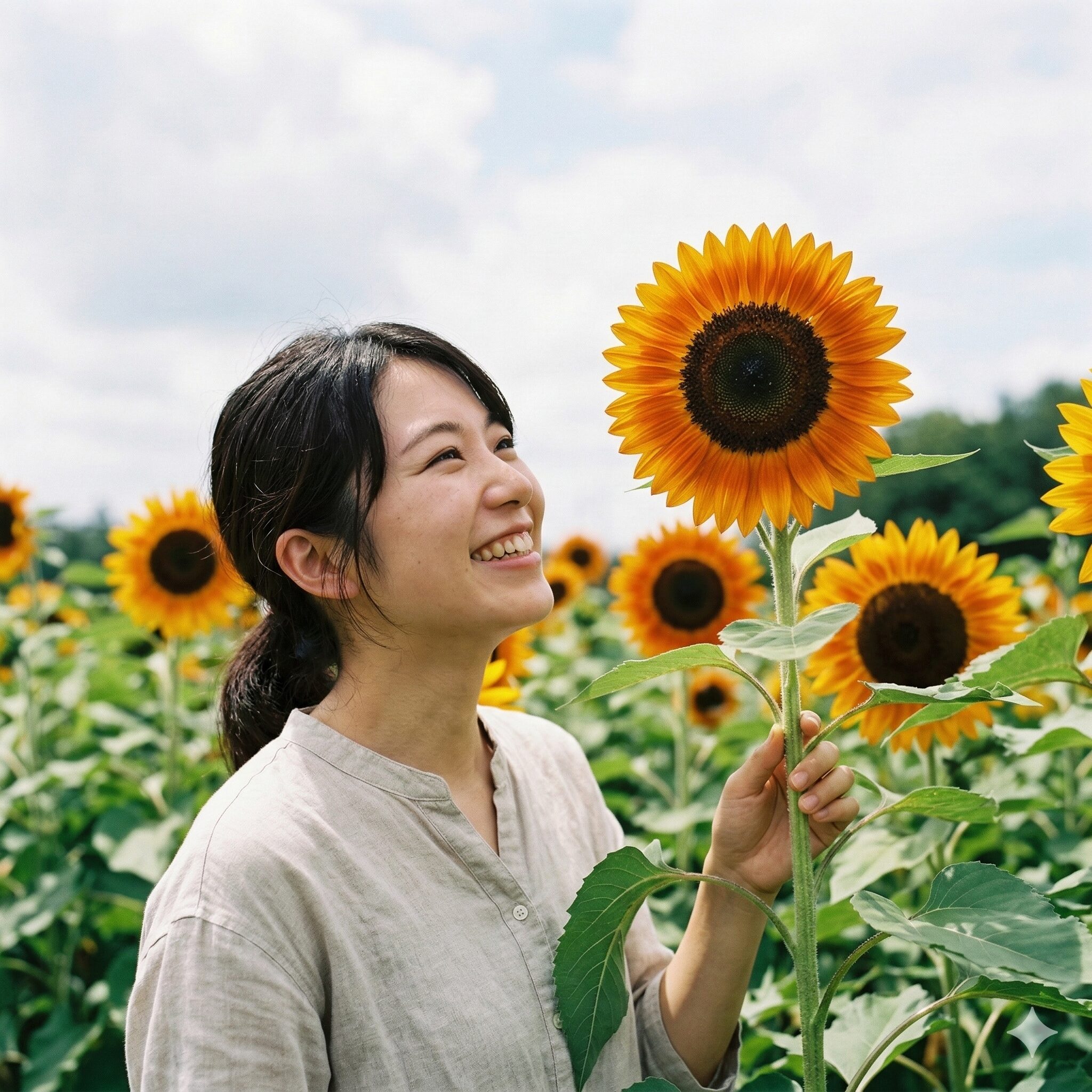 ひまわり 珍しい種類8　上を向いて端正に咲くオレンジ色のビンセント・シリーズひまわりのクローズアップ