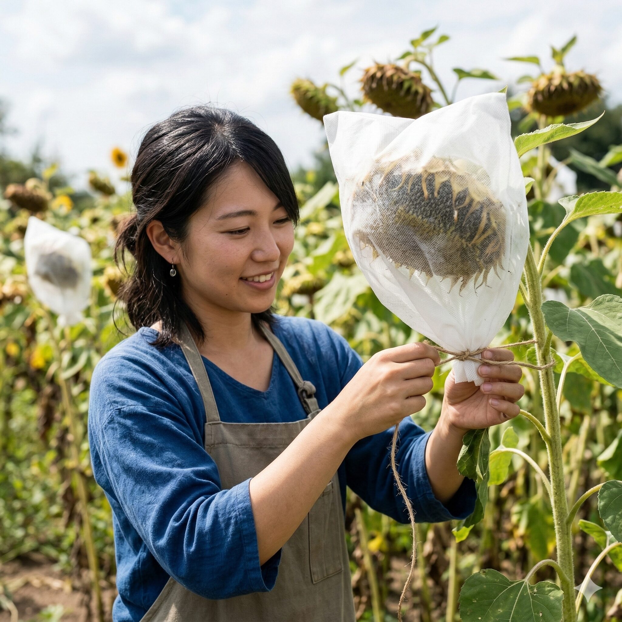 ひまわりにつく虫10　鳥や小動物からひまわりの種を守るために被せられた不織布の袋