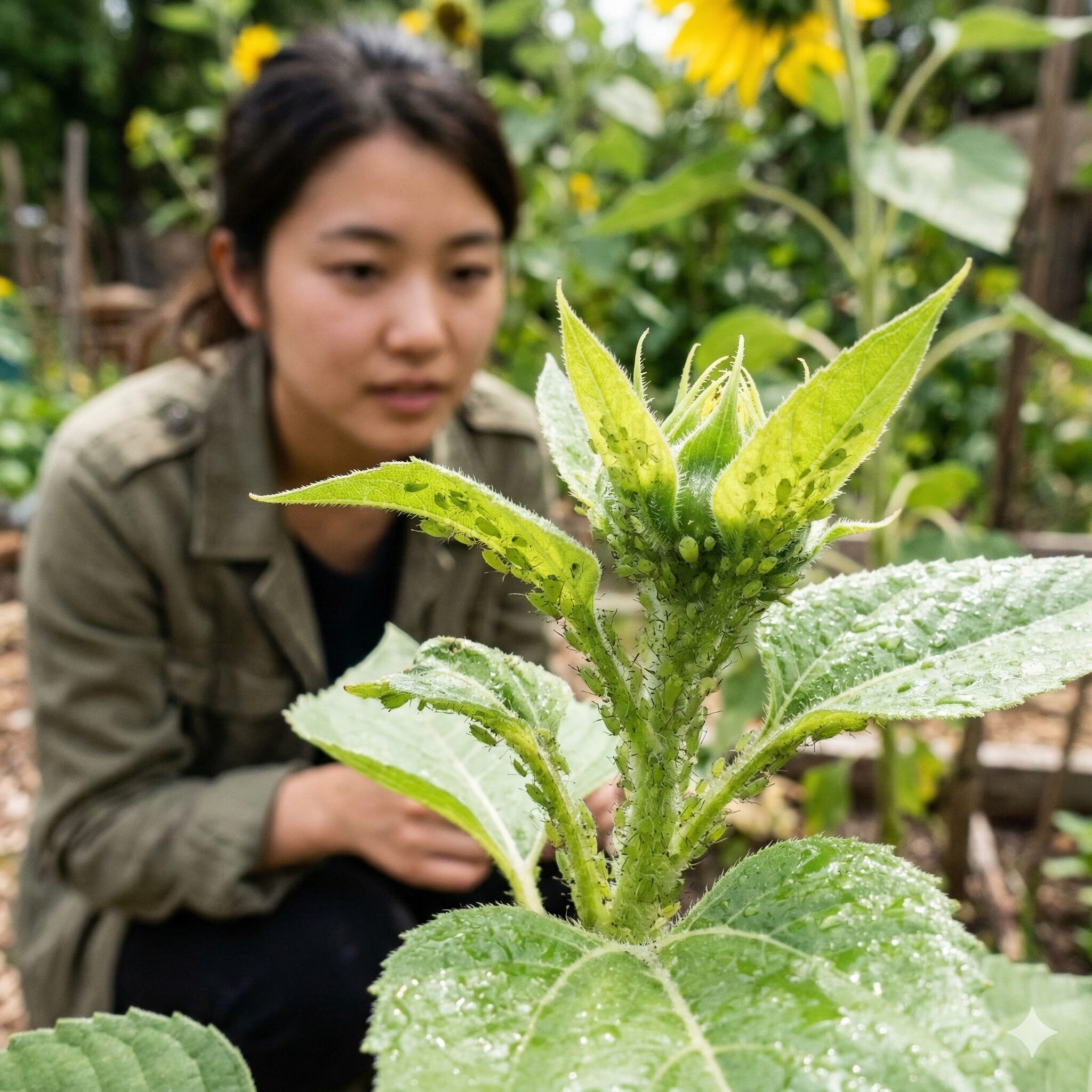ひまわりにつく虫2　ひまわりの新芽や蕾の周りに密集して汁を吸うアブラムシの集団
