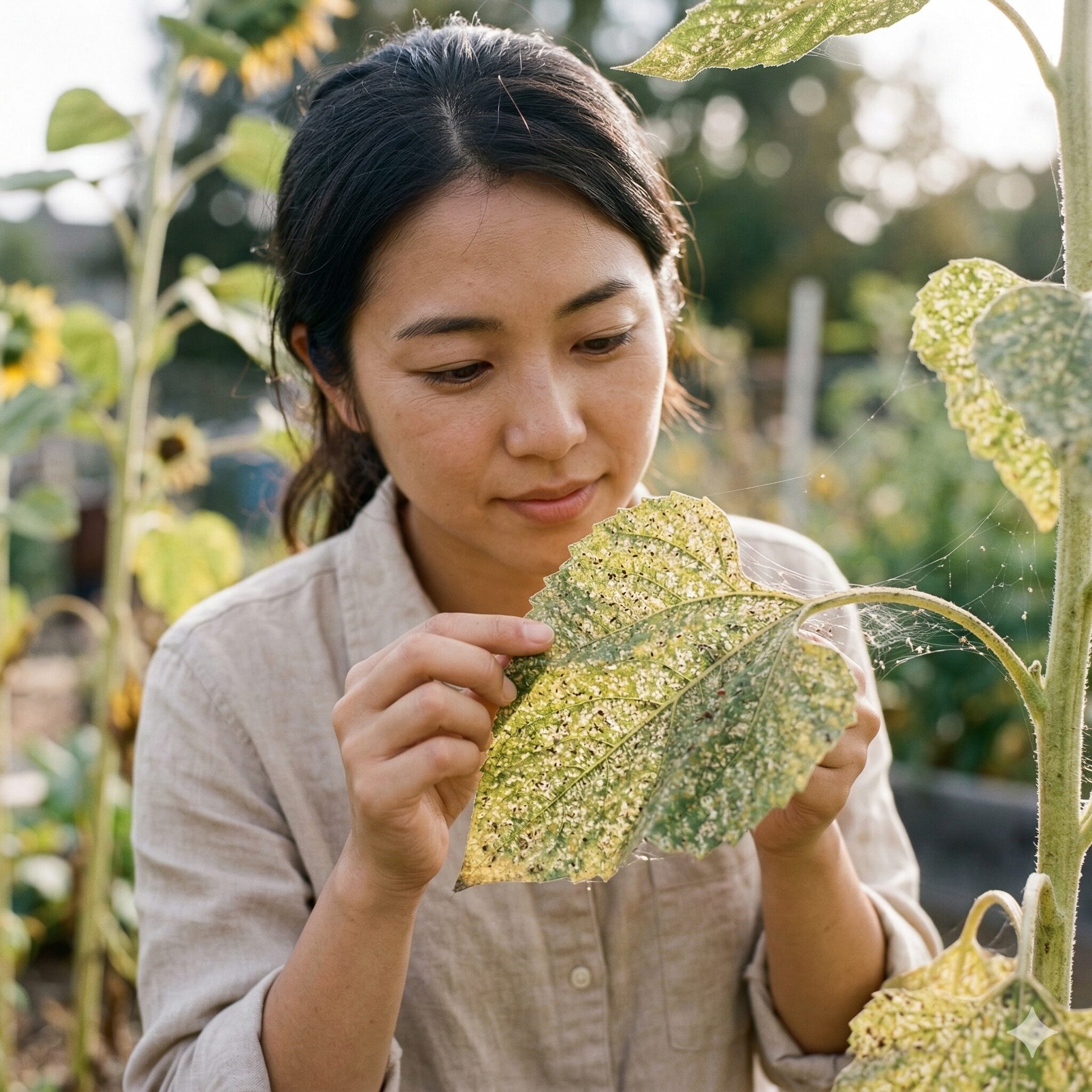 ひまわりにつく虫3　ハダニによって葉緑素が抜け白い斑点が現れたひまわりの葉の症状