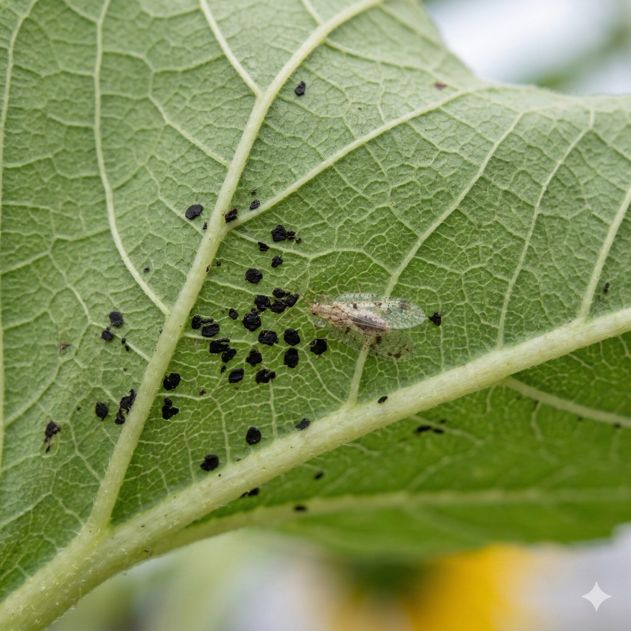 ひまわりにつく虫4　ひまわりの葉裏に付着したグンバイムシの黒い粒状の糞と成虫