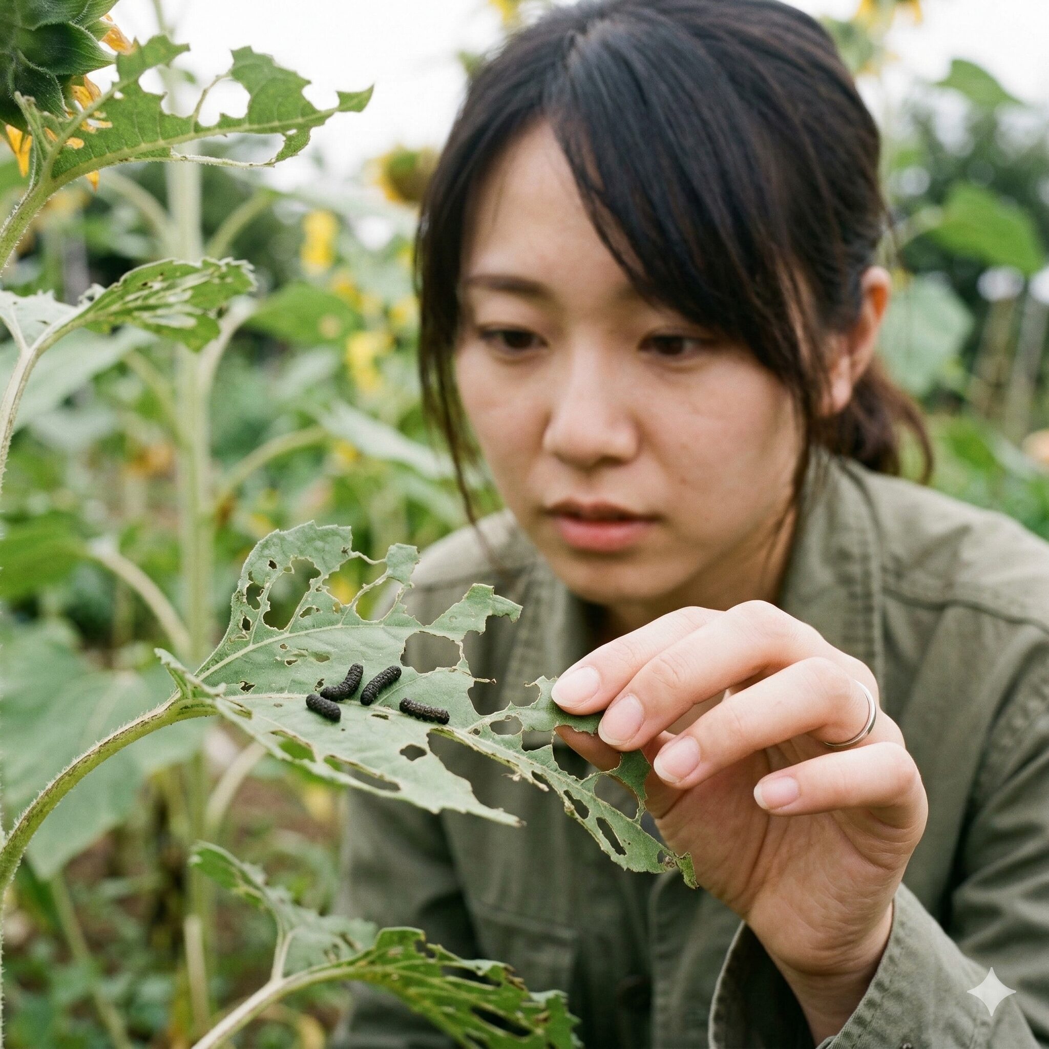 ひまわりにつく虫5　葉を激しく食害するヨトウムシがひまわりの葉に残した立体的な糞