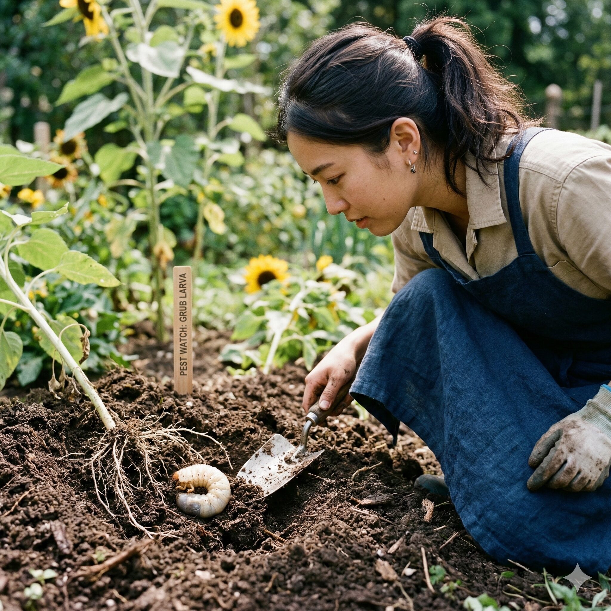 ひまわりにつく虫6　ひまわりの根を食い荒らす土の中に潜むコガネムシの幼虫（ジムシ）