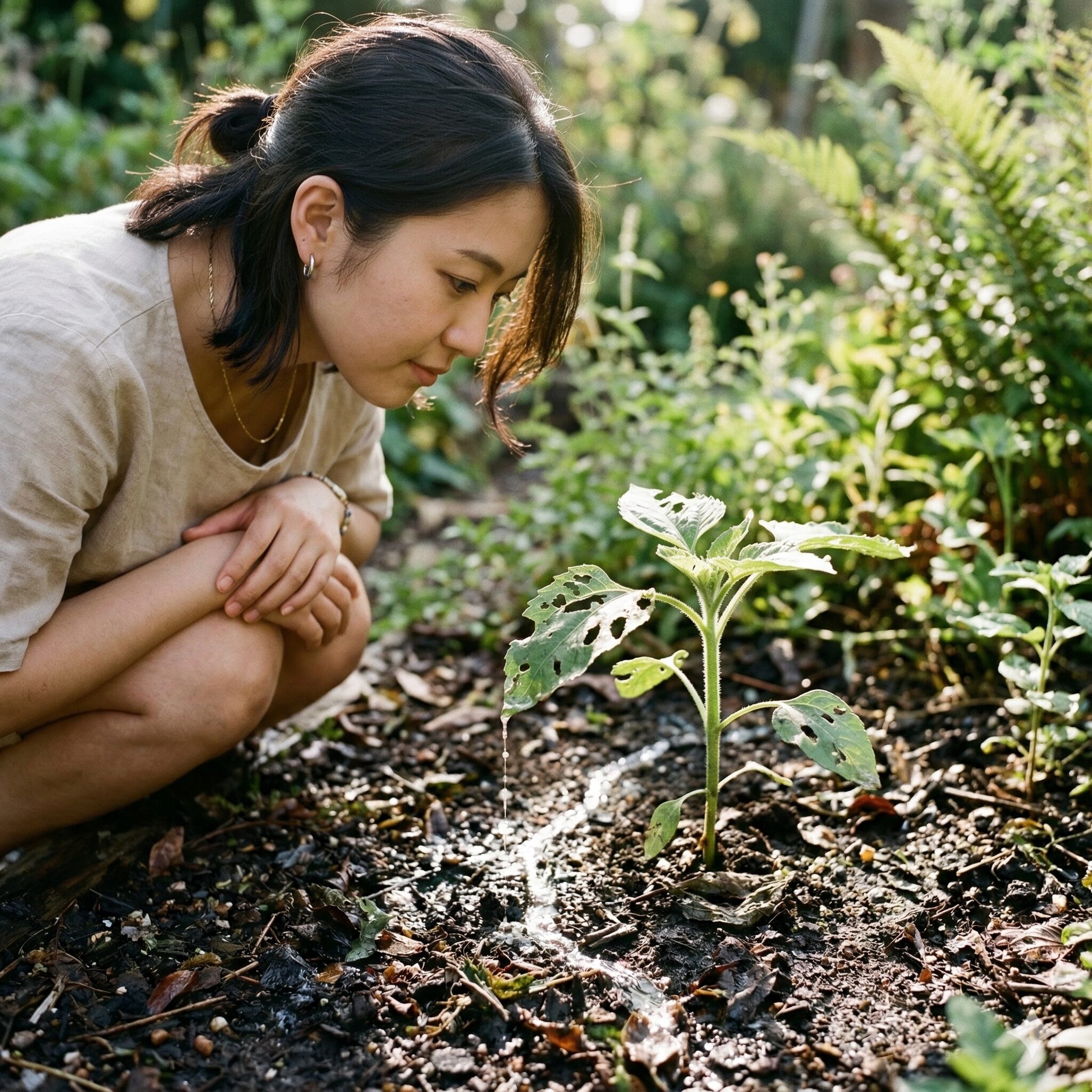 ひまわりにつく虫7　ナメクジが通った後に残るひまわりの葉のキラキラした粘液の跡