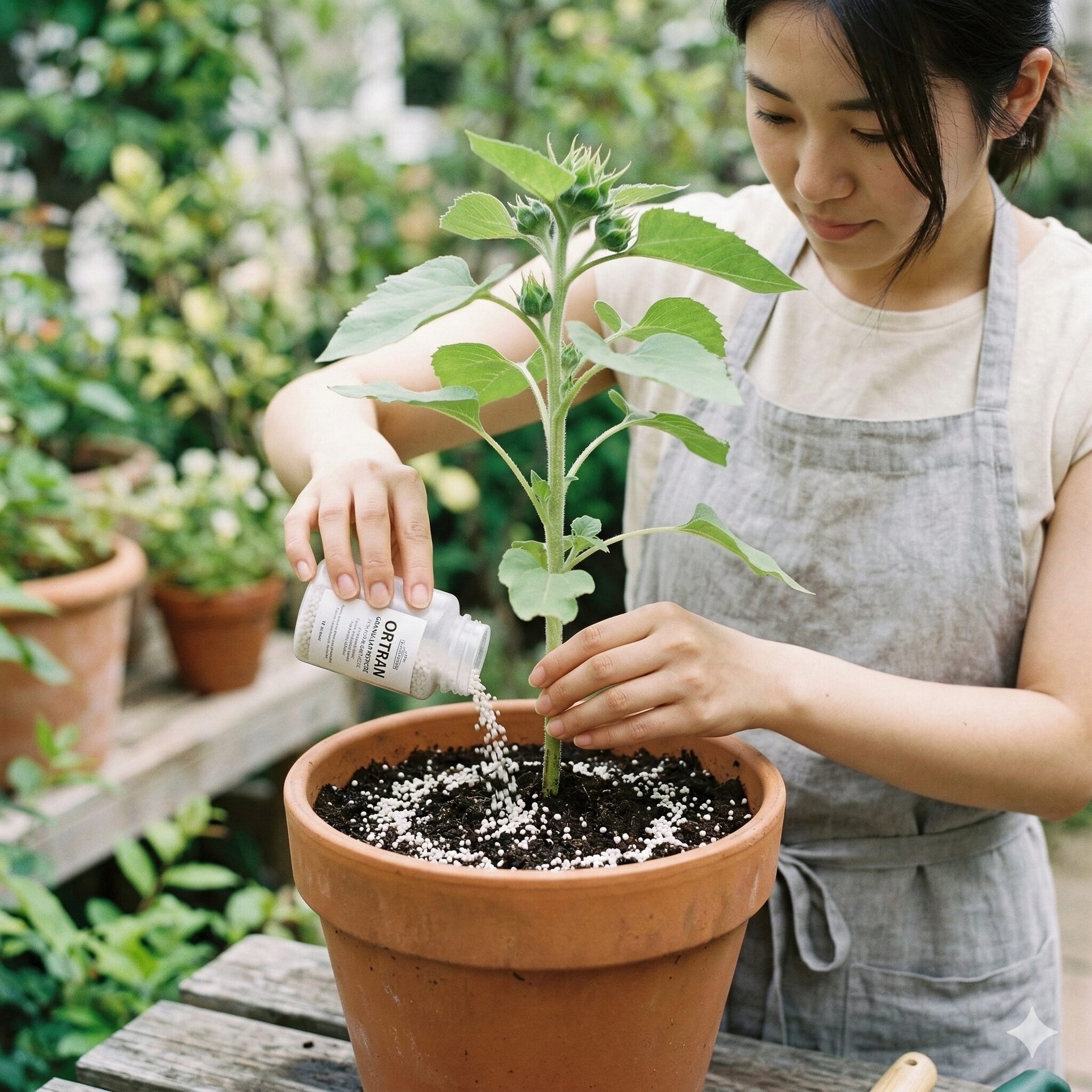 ひまわりにつく虫8　ひまわりの害虫予防として株元にオルトラン粒剤を散布する様子