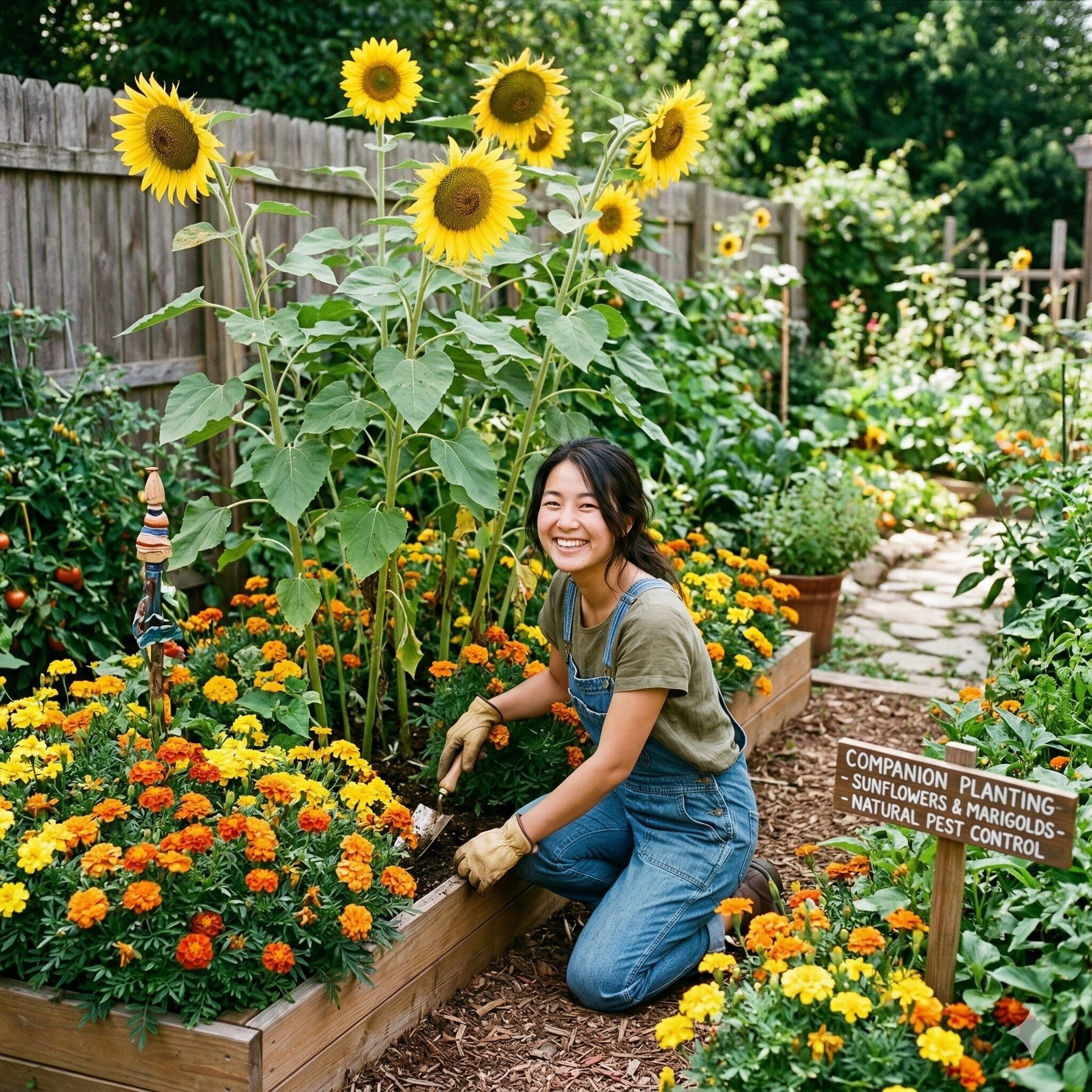 ひまわりにつく虫9　ひまわりの虫除け対策として一緒に植えられたマリーゴールド