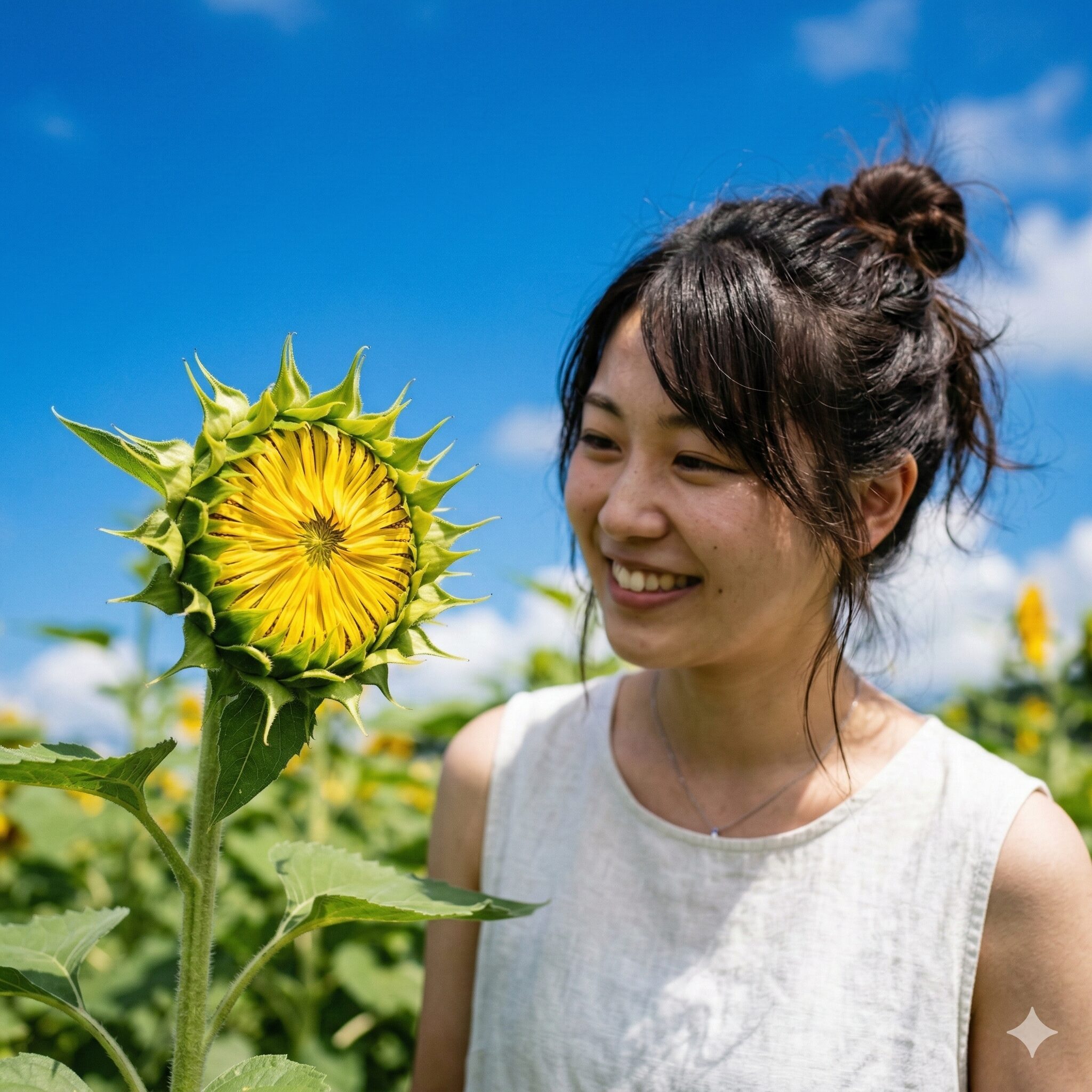 ひまわり蕾から開花まで1　青空を背景に開き始めたひまわりの蕾。ひまわり蕾から開花までの期待感を高めるメインビジュアル。