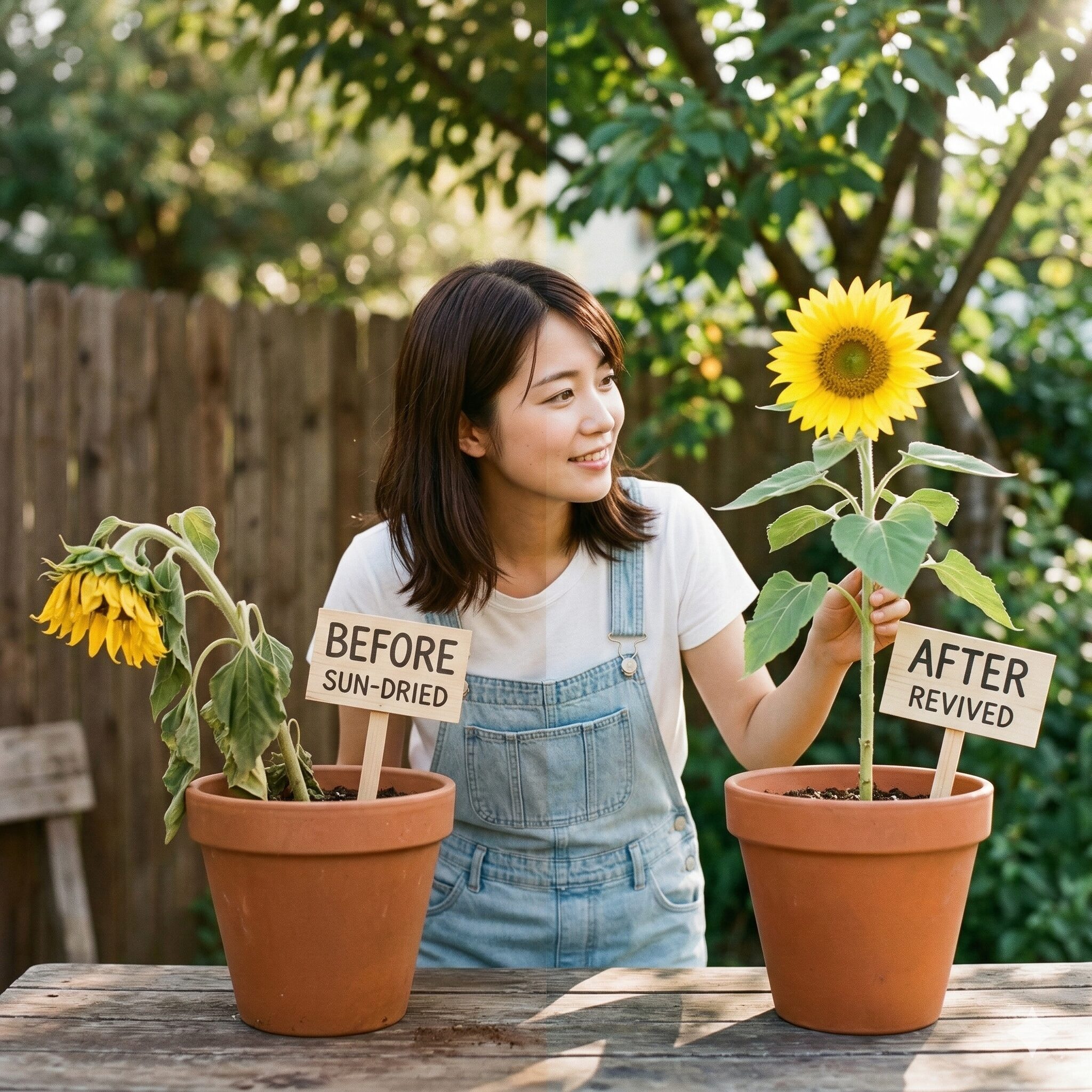 ひまわり蕾から開花まで10　水切れでしおれたひまわりが日陰での養生と活力剤で復活した比較写真。