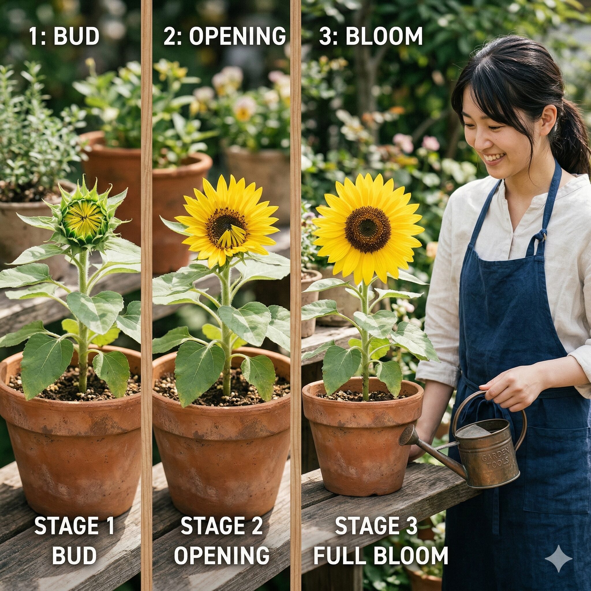ひまわり蕾から開花まで2　ミニひまわりの蕾が1週間で開花するまでの成長プロセス。ベランダ栽培でのサイズ感。