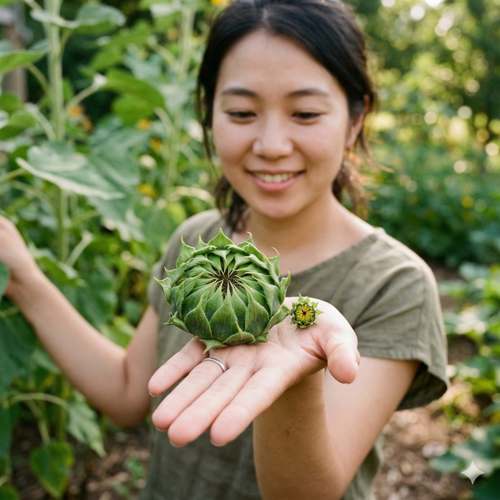 ひまわり蕾から開花まで3　巨大ひまわりとミニひまわりの蕾の大きさ比較。品種による見た目と成長の違い。