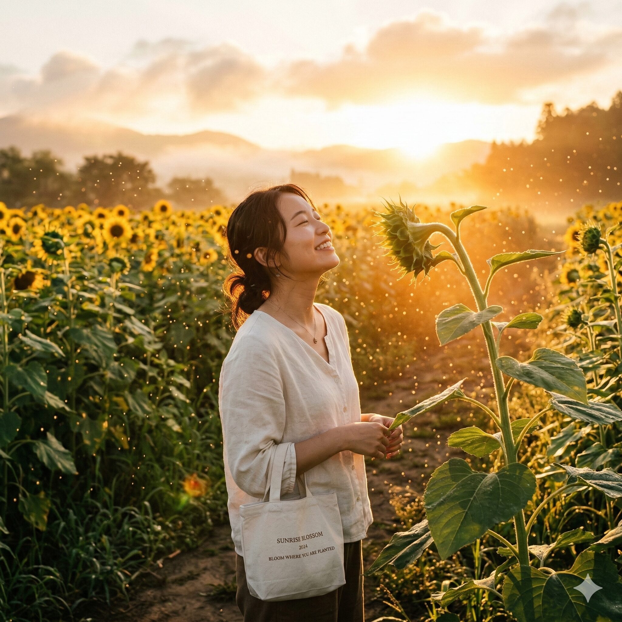 ひまわり蕾から開花まで4　朝日（東）に向かって頭を垂れるひまわりの蕾。向日性（ヘリオトロピズム）による生長運動の様子。