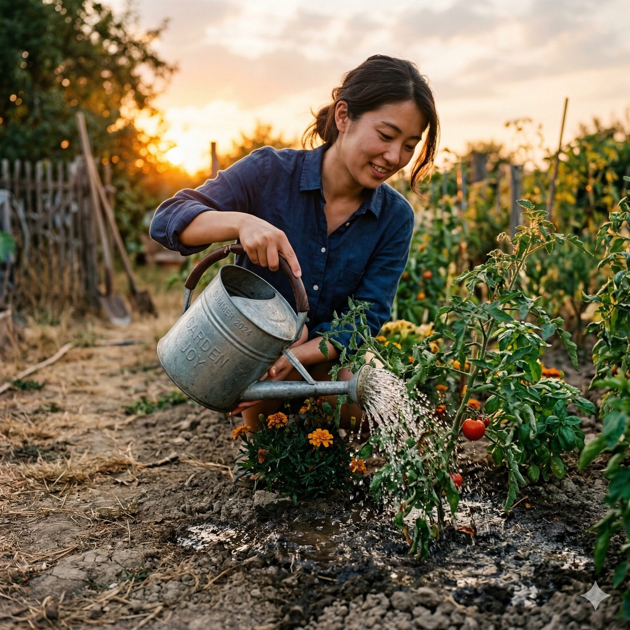 ひまわり蕾から開花まで5　ひまわりの蕾を大きくするために株元へたっぷりと水やりをする様子。