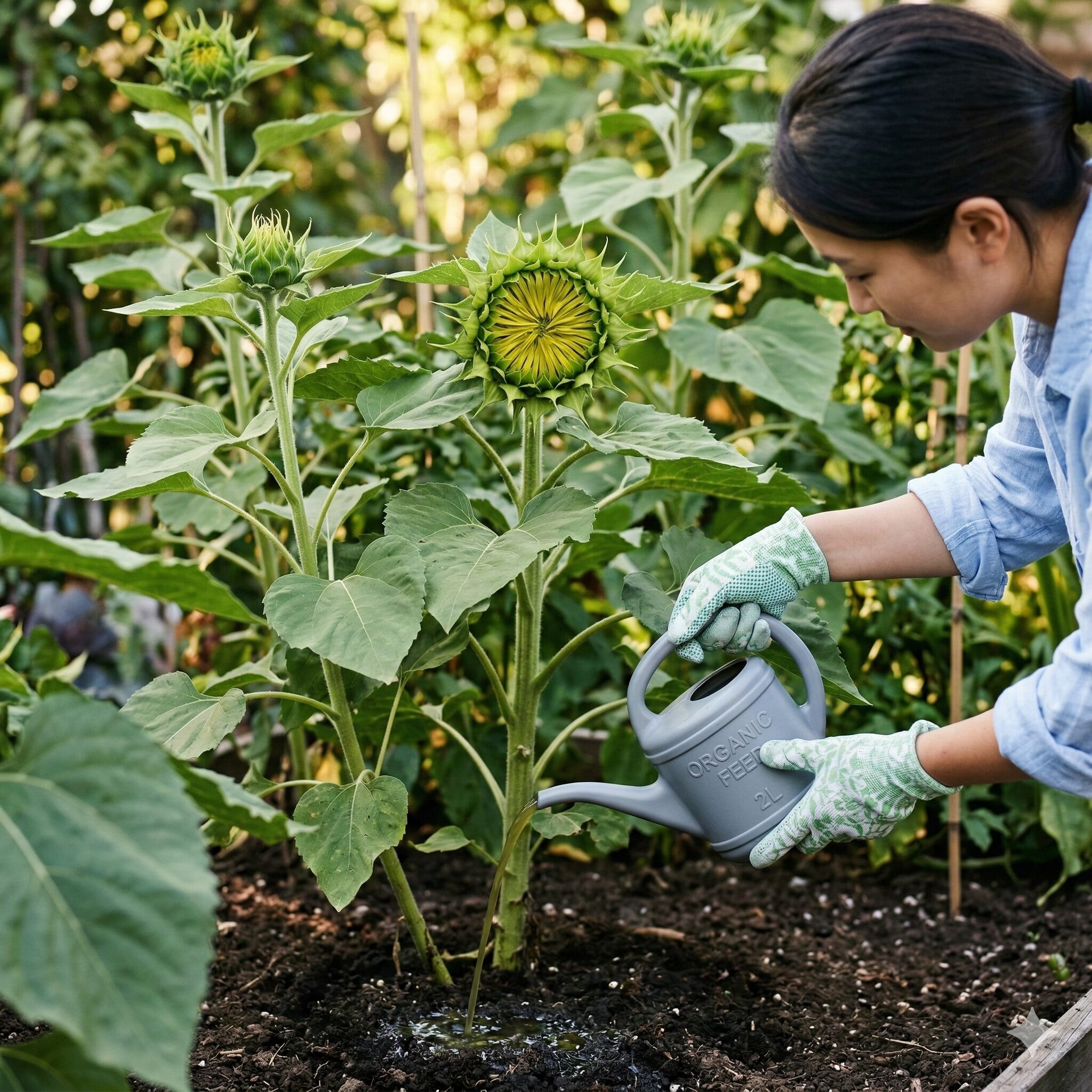 ひまわり蕾から開花まで6　開花直前のひまわりにリン酸多めの液体肥料で追肥を行うタイミング。