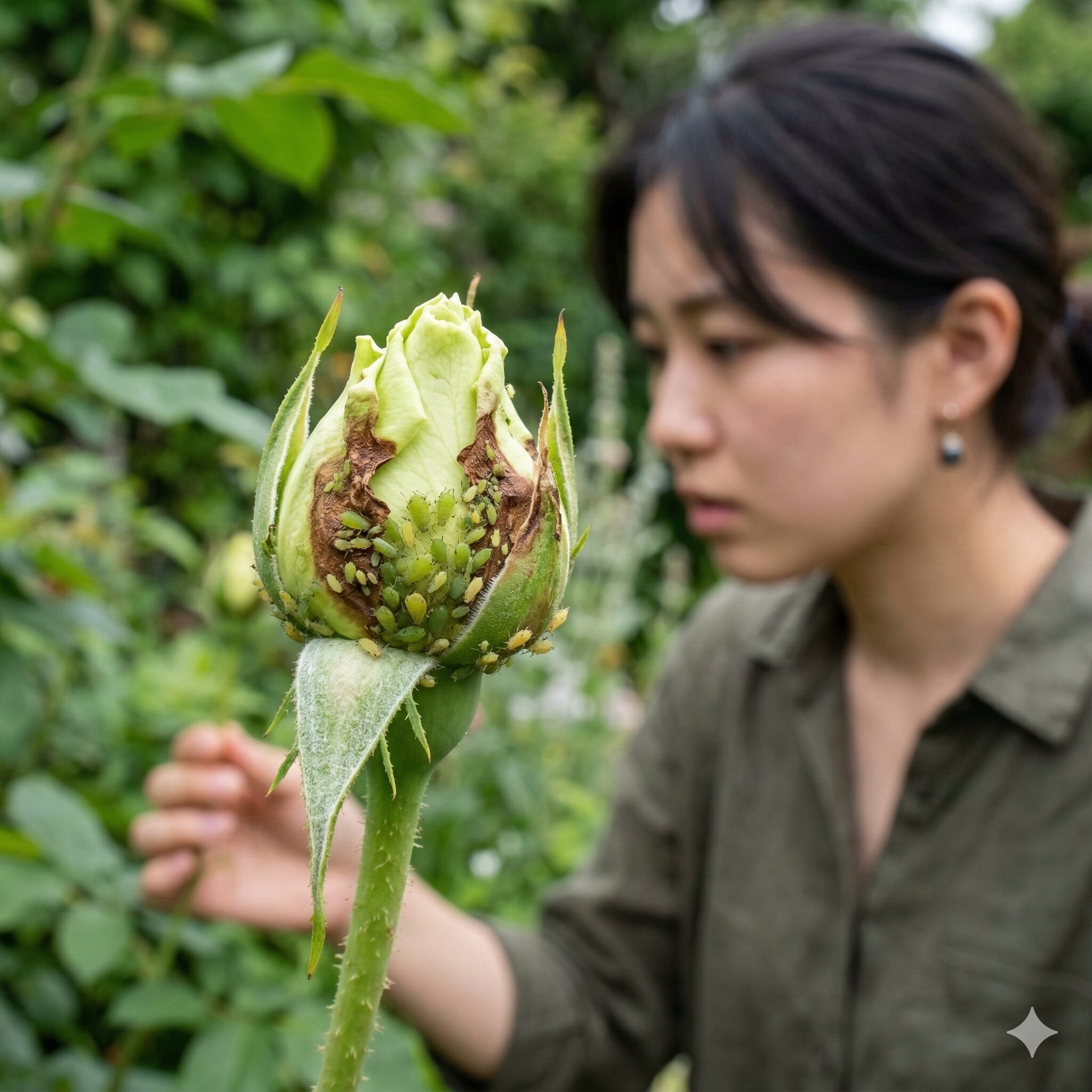 ひまわり蕾から開花まで7　アブラムシの被害により茶色く変色し始めたひまわりの蕾のクローズアップ。