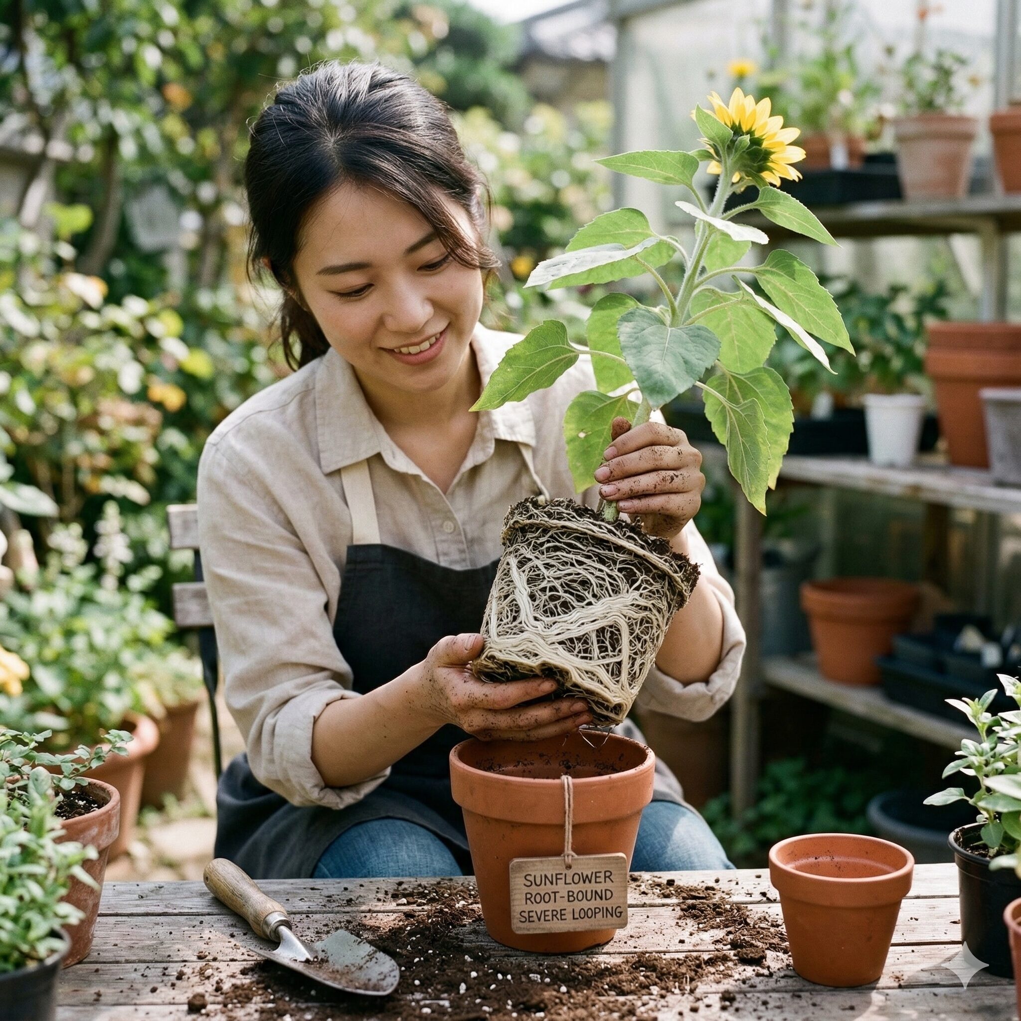 ひまわり蕾から開花まで9　鉢植えひまわりの根詰まりの状態。鉢いっぱいに回った根が水切れの原因になる例。