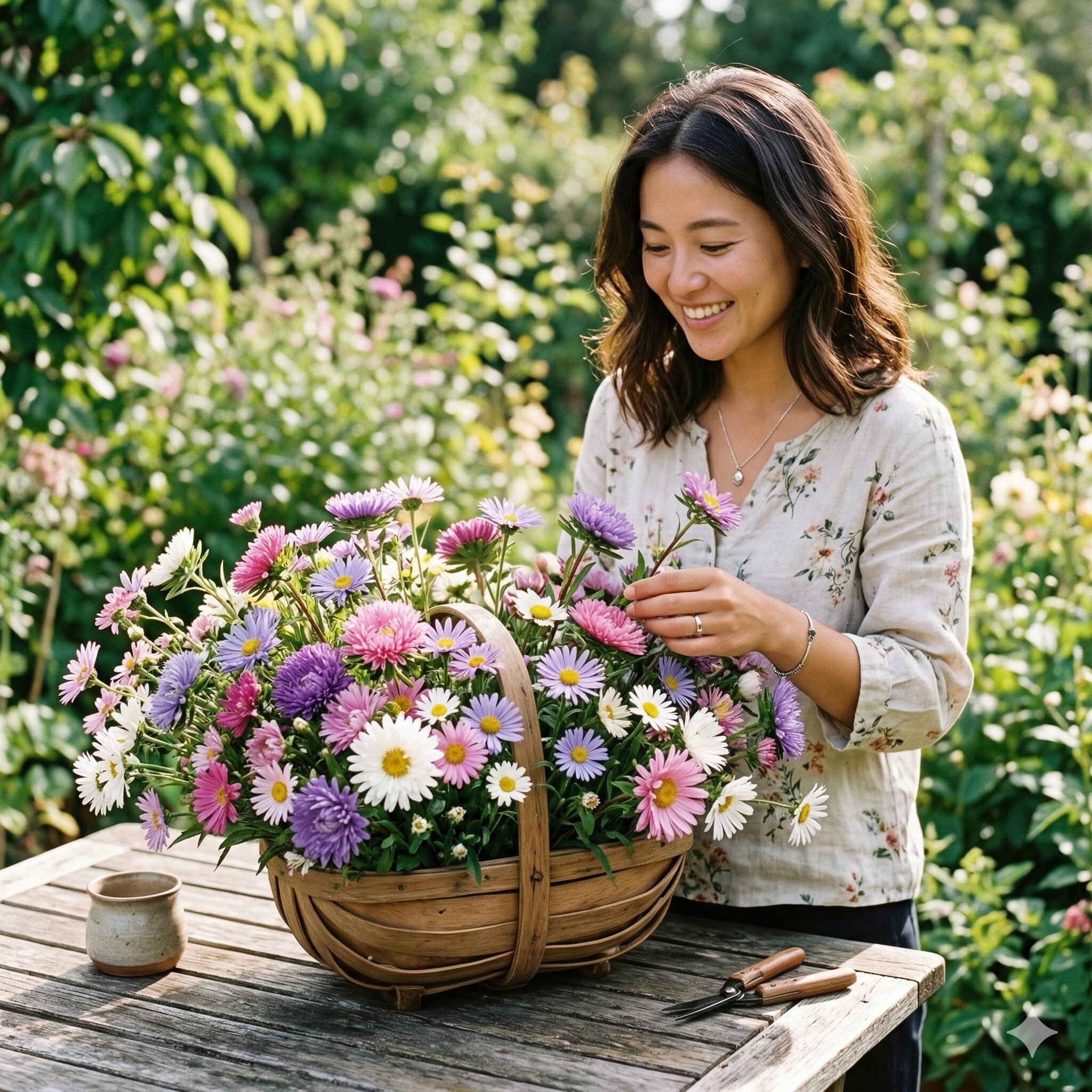アスターに似た花1　アスターに似た花（エゾギク、ユウゼンギク、野菊、マーガレットなど）をいくつか束ねた、明るい自然光の中での集合写真。