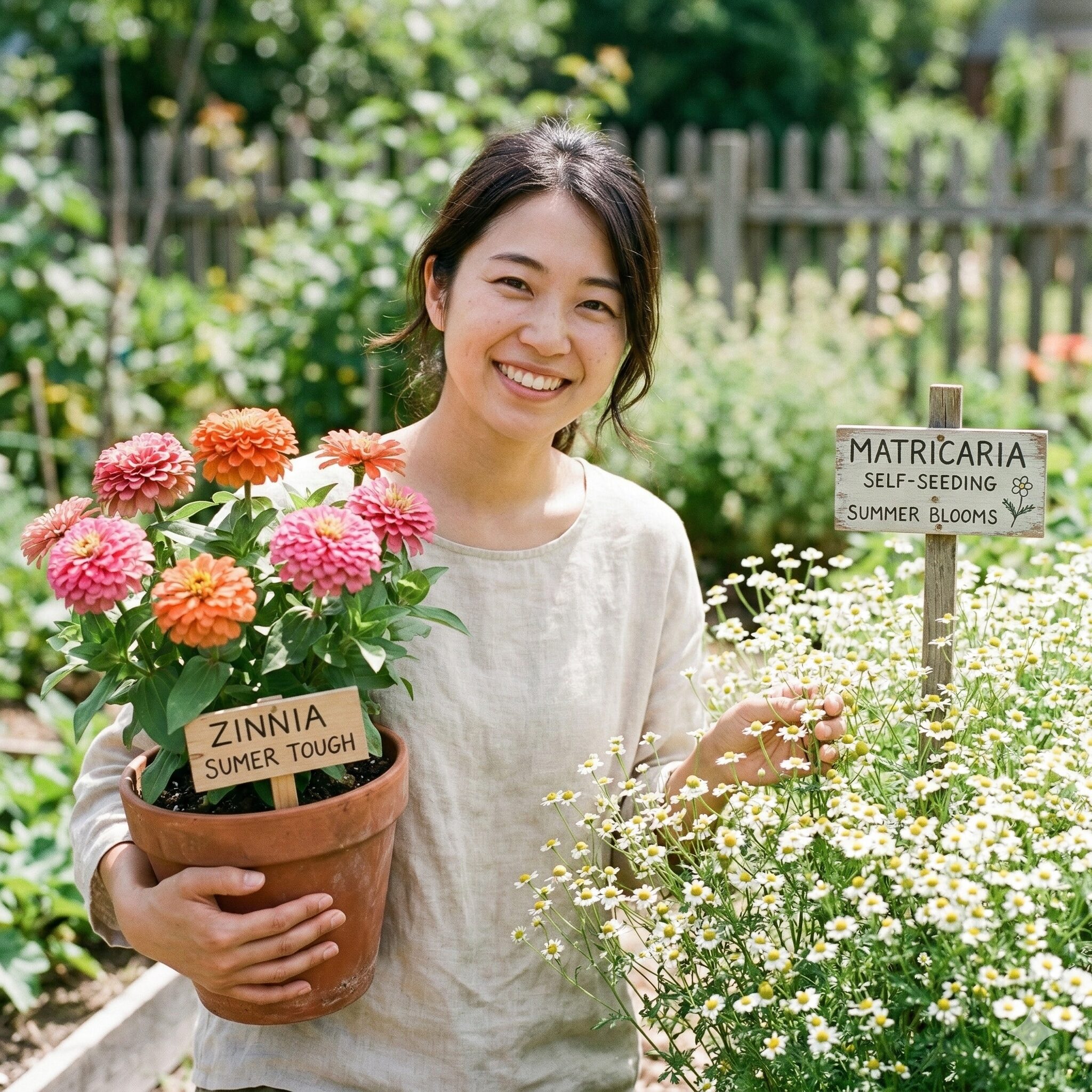 アスターに似た花10　左側に夏の暑さに強く豪華に咲くジニア（百日草）、右側に可憐な小花が密集して咲くマトリカリア（ナツシロギク）。