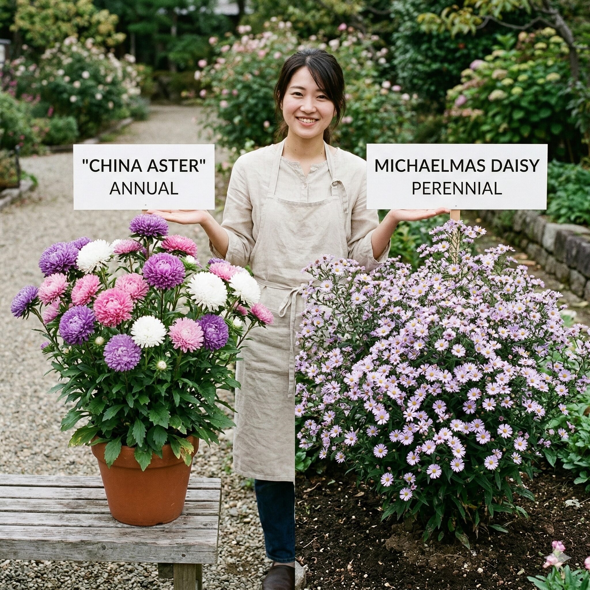 アスターに似た花2　左側に豪華な八重咲きのエゾギク、右側に清楚な一重咲きの宿根アスター（クジャクアスター）を並べた、一年草と多年草の違いを伝える比較写真。