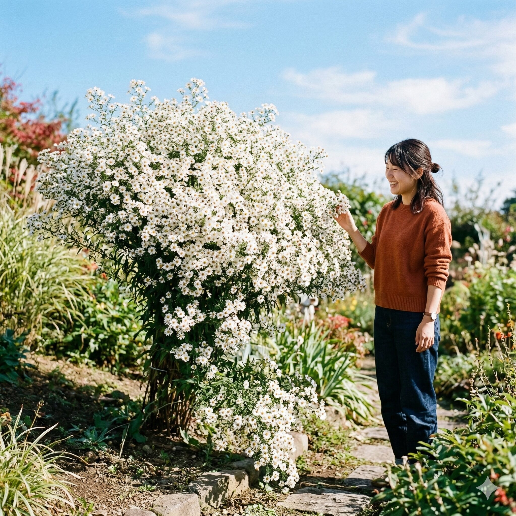 アスターに似た花3　秋の庭で、白くて小さな花が無数に咲き乱れるクジャクアスターの、噴水状に広がった見事な株姿。